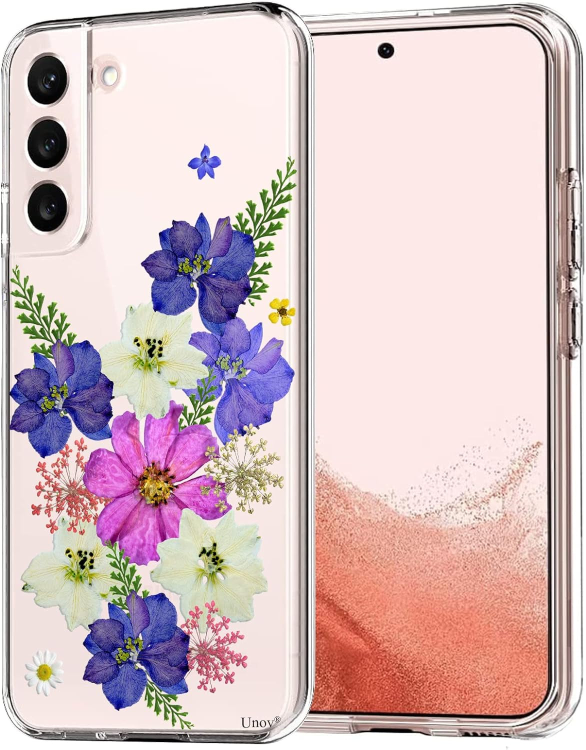 Unov Case Compatible with Galaxy S22 Case Clear with Design Soft TPU Shock Absorption Slim Embossed Pattern Protective 6.1 Inch (Flower Butterfly)  Unov Very Peri Bouquet  