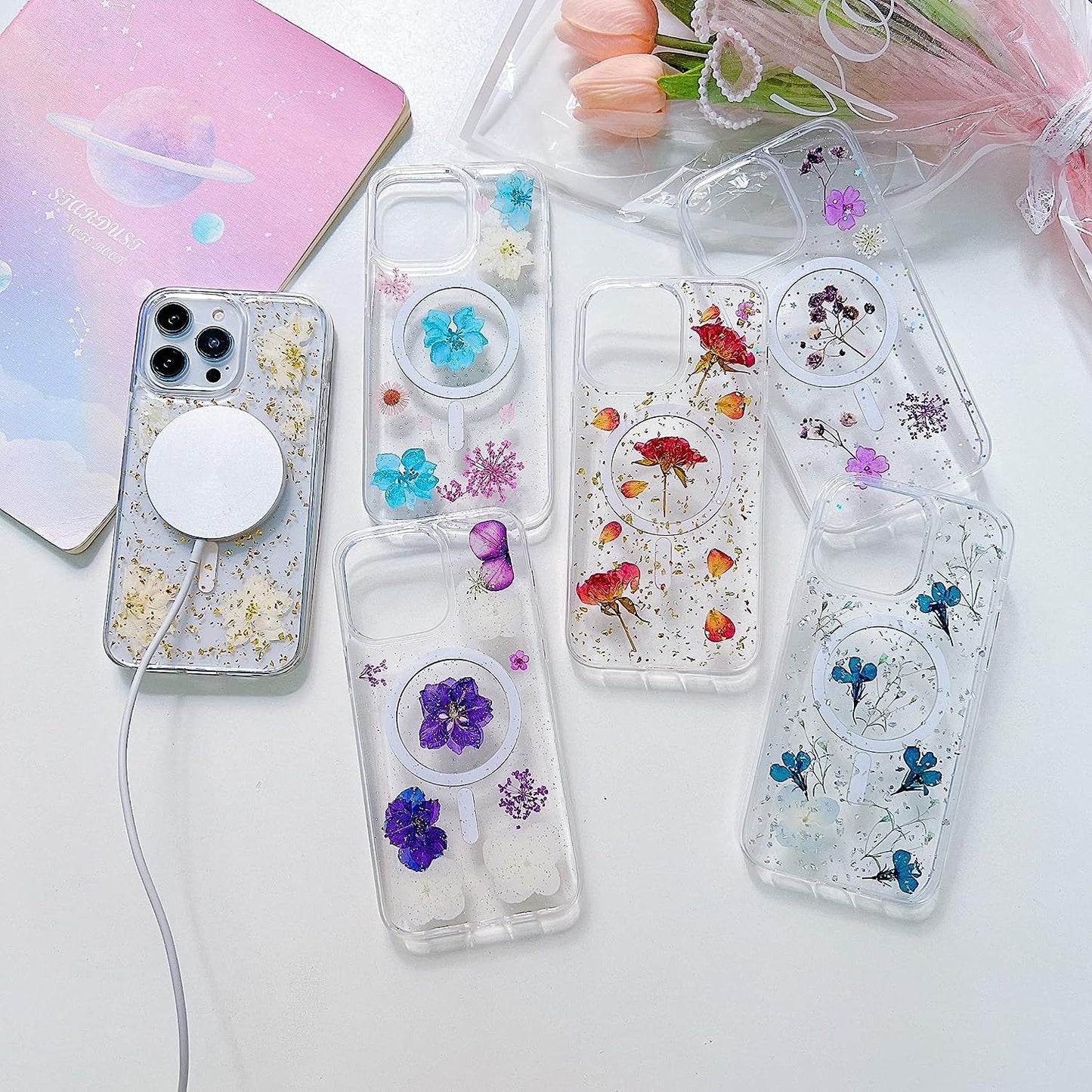 Ytanazing Magnetic Floral Case for Iphone 14 Pro Max [Compatible with Magsafe], Real Flowers Glitter Design Aesthetic Slim Shockproof Protect Sparkle Unique Silicone Phone Cover for Women Girls(Gold)  YTanazing   