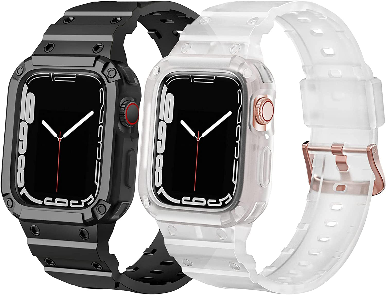 [2 Pack] SVISVIPA Band with Case Compatible for Apple Watch 45Mm 44Mm 42Mm Iwatch Series 8 7 SE 6 5 4 3 2 1 Strap, Men Women Sport Strap with Bumper Rugged Shockproof Military Protective, 2 Pack (Black，Army Green）  SVISVIPA Black/Frosted Clear 42mm/44mm/45mm 