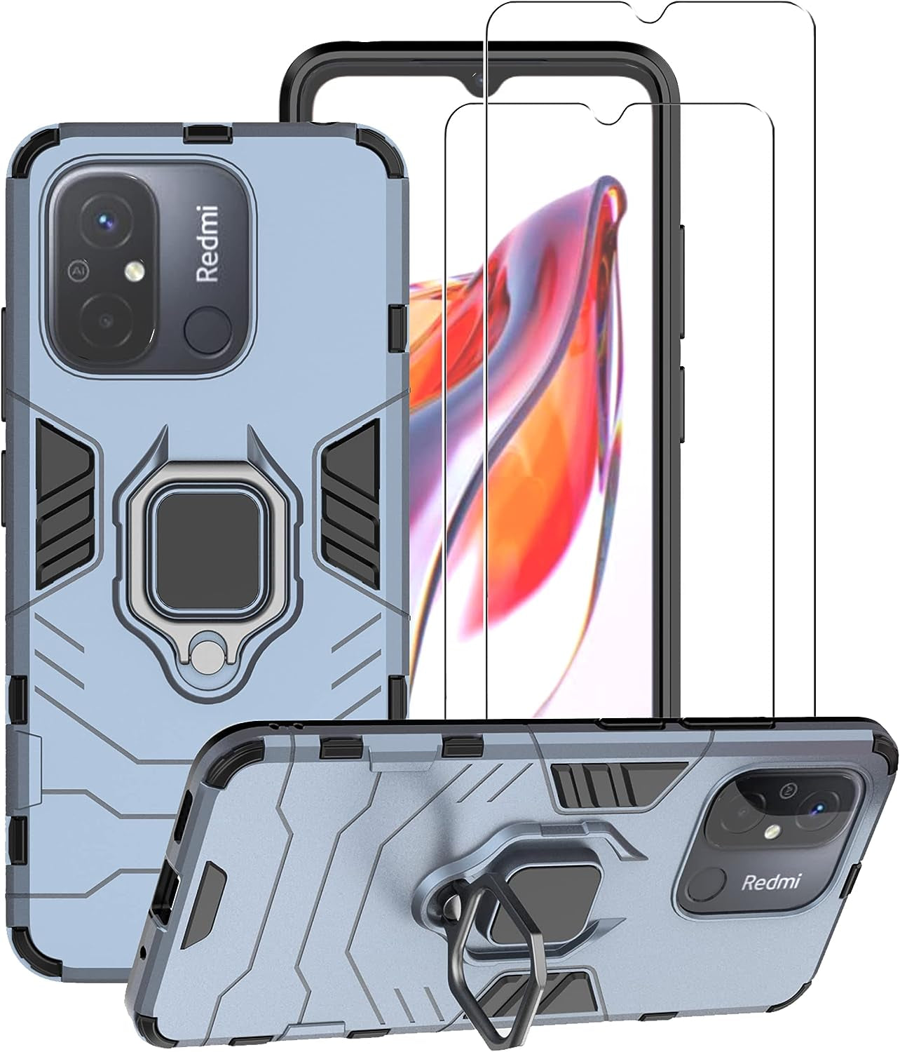 ZMONE Phone Case for Xiaomi Redmi 12C Case with Glass Screen Protector [2 Pack] Heavy Duty Dual Layer Military Grade Shockproof Protective Cover with Magnetic Ring Kickstand - Black  Chengmi Blue  
