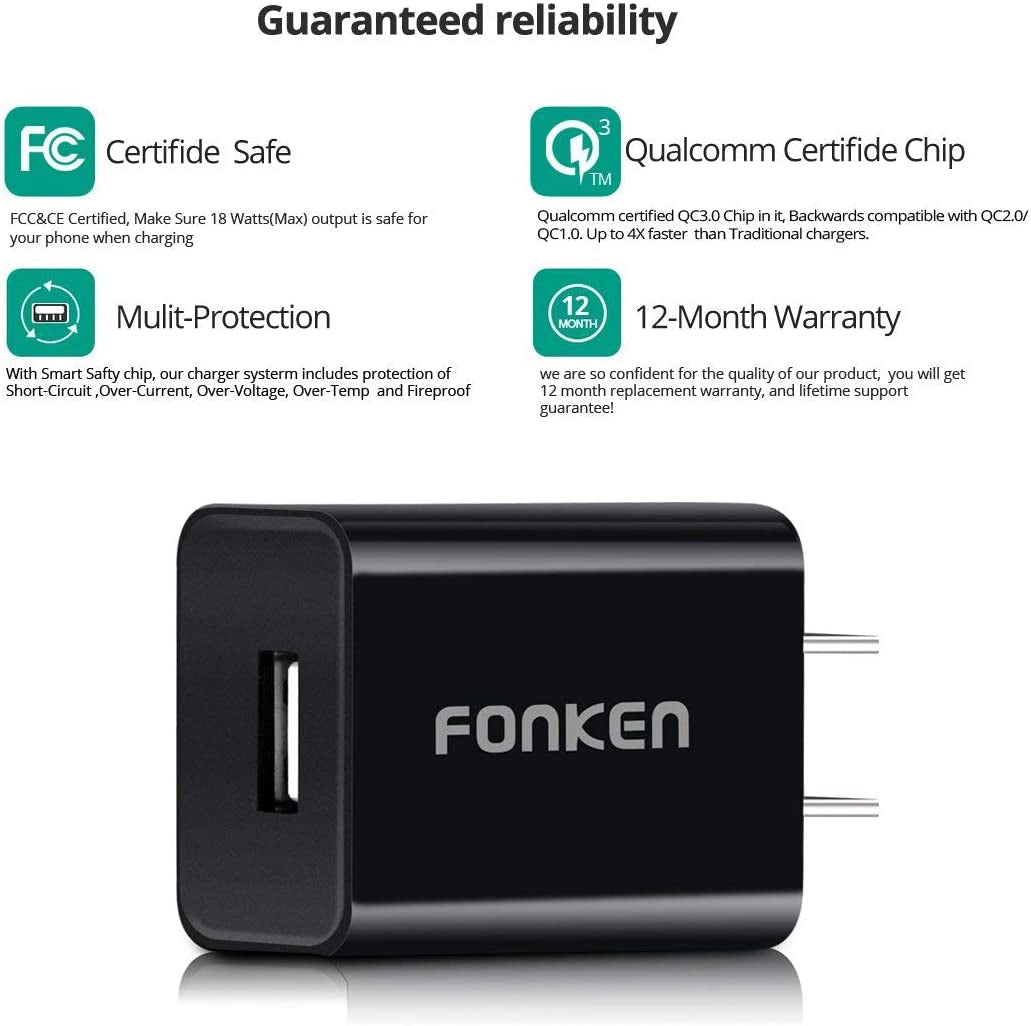 [3-Pack] Quick Charge 3.0, FONKEN 18W 3A USB Wall Charger QC 2.0/3.0 Adapter Fast Charger Block Compatible for Wireless Charger, Iphone Ipad, Samsung S10/S9/S8/Note 9/8, LG G5, HTC 10 (Black)  FONKEN   