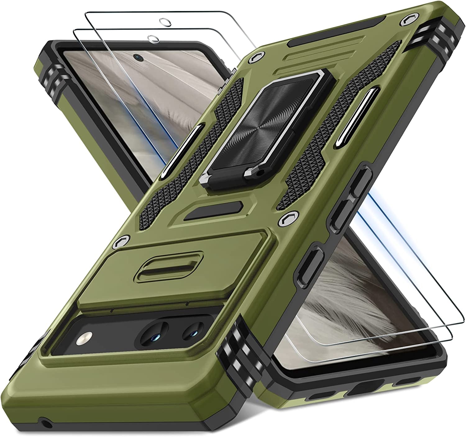 DEERLAMN for Google Pixel 8 Case with Slide Camera Cover+Screen Protector (1 Pack), Rotated Ring Kickstand Military Grade Shockproof Heavy Duty Protective Cover -Black  DEERLAMN Olive Green Google Pixel 7A 