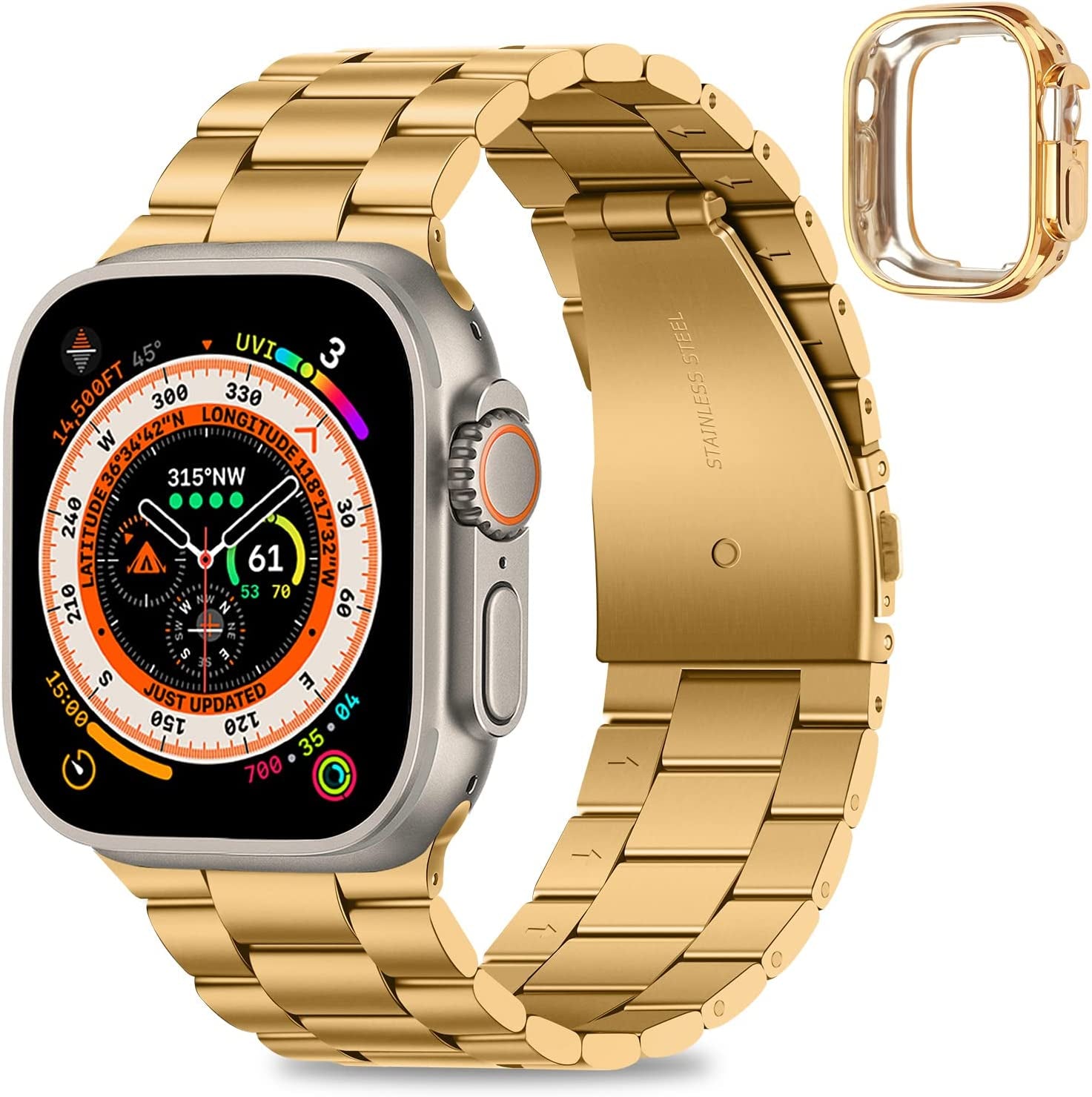 HITZEE Compatible with Apple Watch Band 49Mm Ultra Business Stainless Steel Metal Strap Men Women Link Bands with Case Compatible for Apple Watch Ultra, 49Mm Gold  HITZEE   
