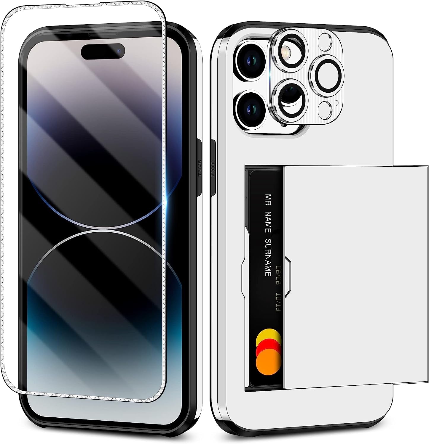 SAMONPOW for Iphone 14 Pro Case Wallet 4-In-1 Hybrid Iphone 14 Pro Protective Case with Card Holder & Screen Protector & Camera Cover Full Body Shockproof Bumper Cover Case for Iphone 14 Pro White  SAMONPOW   