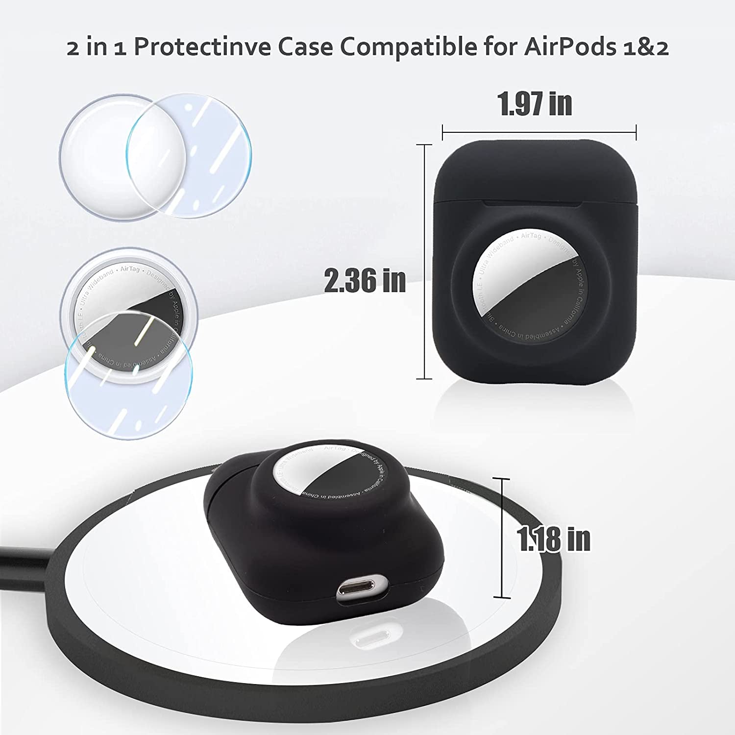 2 in 1 Silicone Protective Skin Cover Compatible with Airpod 1&2 and Airtag, Soft Comprehensive Protective Case with 2 PCS TPU Screen Protector, Anti-Scratch Anti-Fall Anti-Lost(Black)  Enspito   