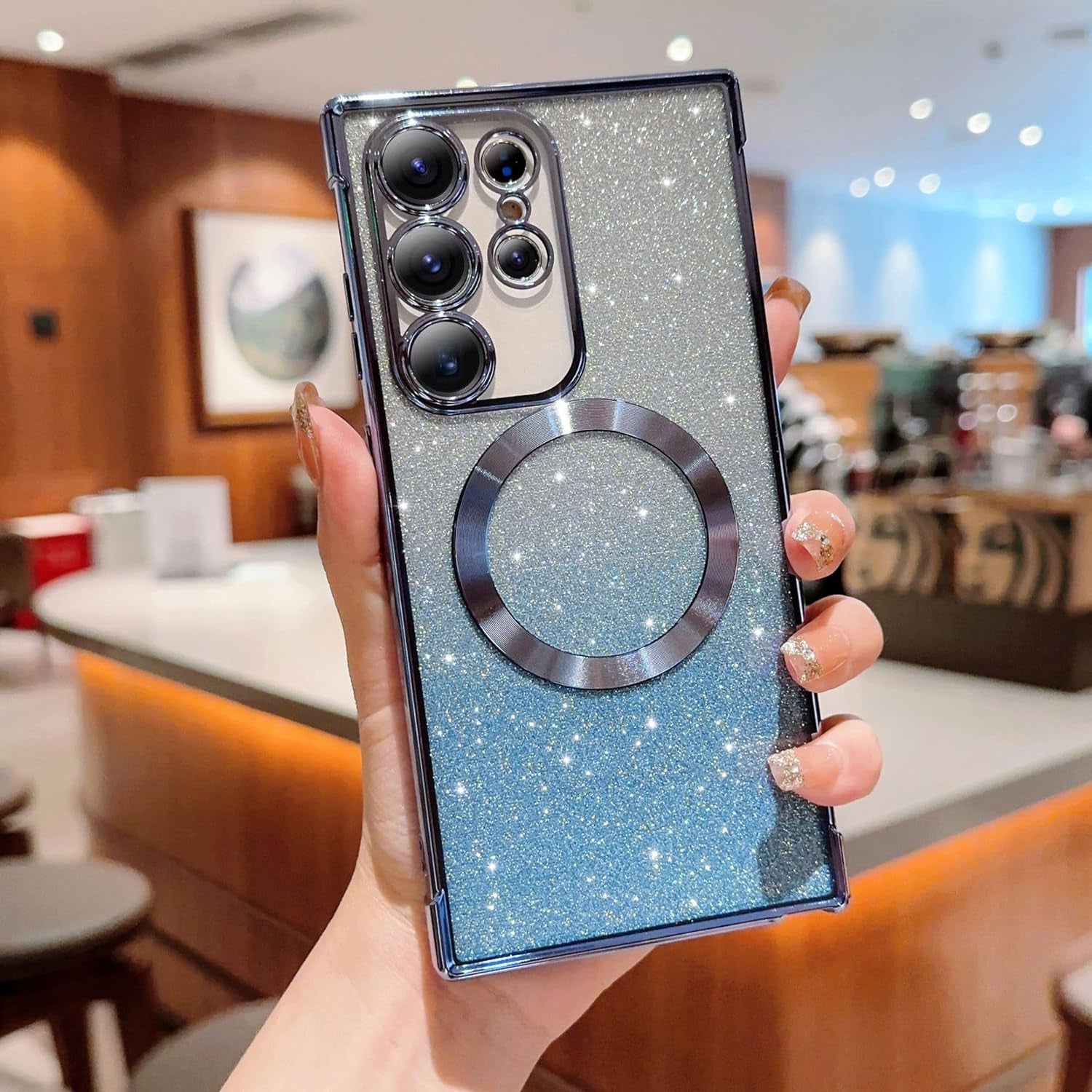 Eiyikof for Samsung Galaxy S22 Ultra Magnetic Glitter Case,Luxury Full Protection Glitter Bling Case with Camera Lens Protector Anti-Scratch Shockproof Soft Back Cover for Girls Women-Purple  Eiyikof   