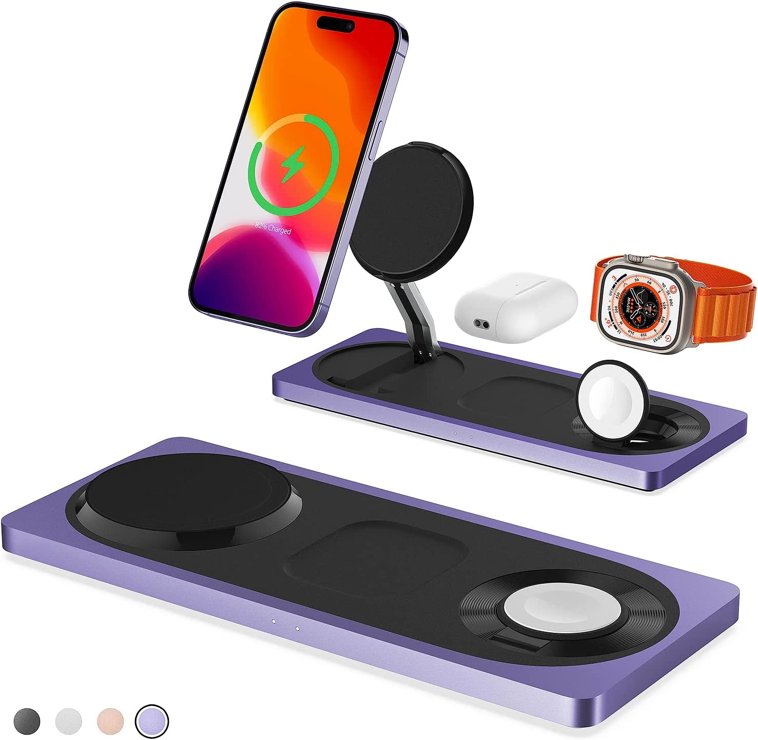 Wireless Charger,3 in 1 Faster Mag-Safe Wireless Charging Station,Wireless Charging Pad for Iphone 14,13,12 Pro Max/Pro/Mini/Plus, Apple Watch Ultra 8/7/SE/6/5/4/3/2/1, Airpods Pro/2/3(Black)  PETINO Purple  