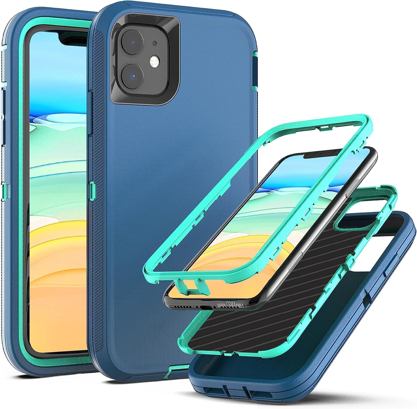 Ymhxcy for Iphone 11 Case Shockproof Dropproof Dust-Proof Drop Proof 3-Layer Durable Phone Case Heavy Duty Protection Phone Case Cover for Apple Iphone 11 6.1“ Aqua Blue and Lime Green  YmhxcY Sf-Blue / Turquoise  