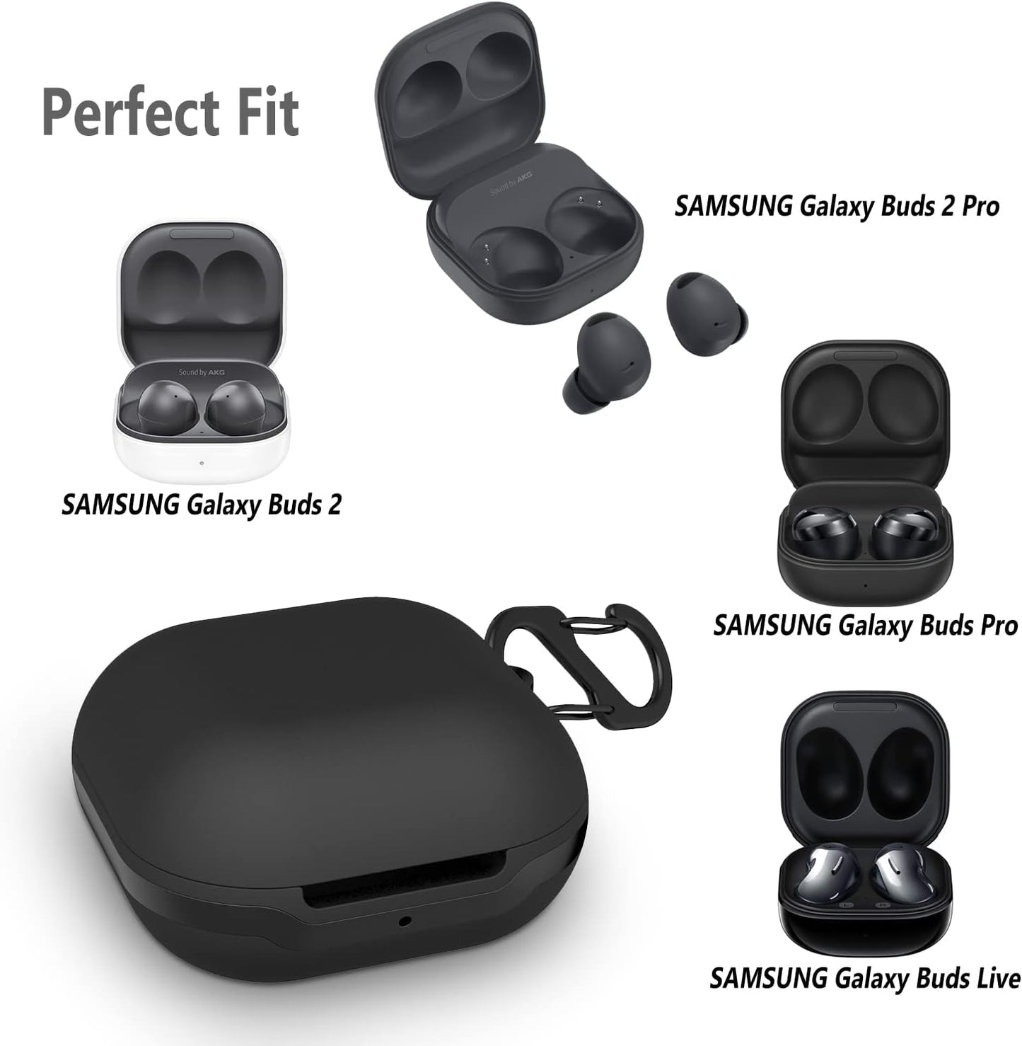 Geiomoo Silicone Case Compatible with Galaxy Buds 2 Pro, Galaxy Buds2, Galaxy Buds Pro, Galaxy Buds Live, Protective Cover with Carabiner (Black)  Geiomoo   