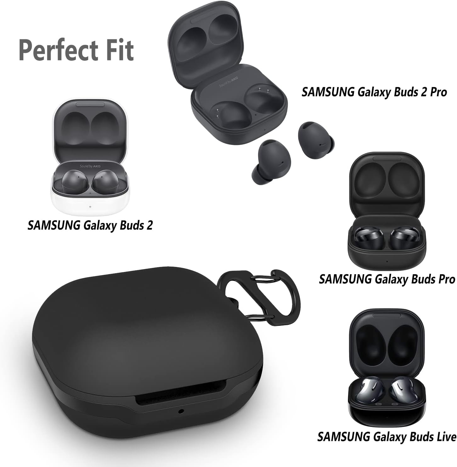 Geiomoo Silicone Case Compatible with Galaxy Buds 2 Pro, Galaxy Buds2, Galaxy Buds Pro, Galaxy Buds Live, Protective Cover with Carabiner (Black)  Geiomoo   