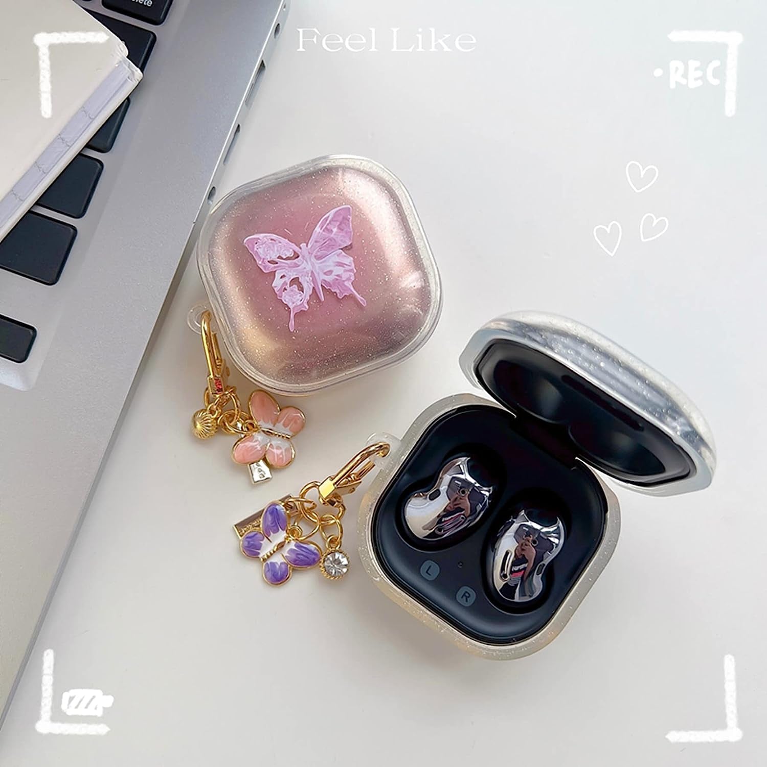 AOLABOKY Earphone Case for Samsung Galaxy Buds Live/Buds Pro/Buds 2/Buds2 Pro Charging Box,Beautiful Butterfly Shiny Transparent Headset Protective Case with Keychain (Purple)  AOLABOKY   