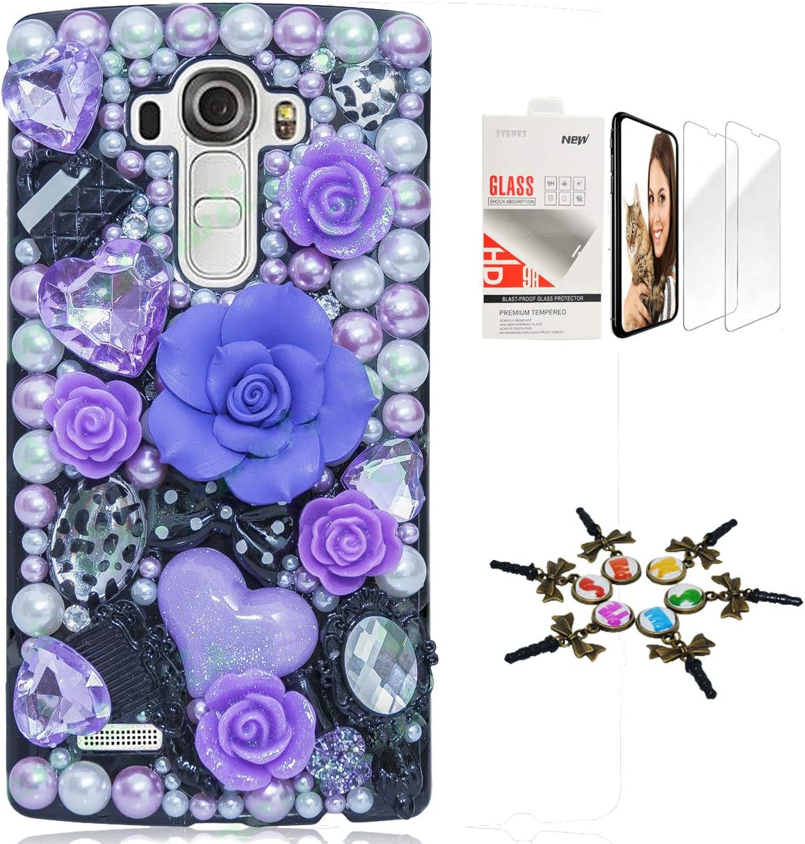 STENES Bling Case Compatible with LG G7 Thinq - Stylish - 3D Handmade [Sparkle Series] Dragonfly Peacock Pearl Design Cover with Screen Protector [2 Pack] - White  STENES Big Rose Heart Cosmetic Flowers / Purple Design For Lg V40 Thinq 