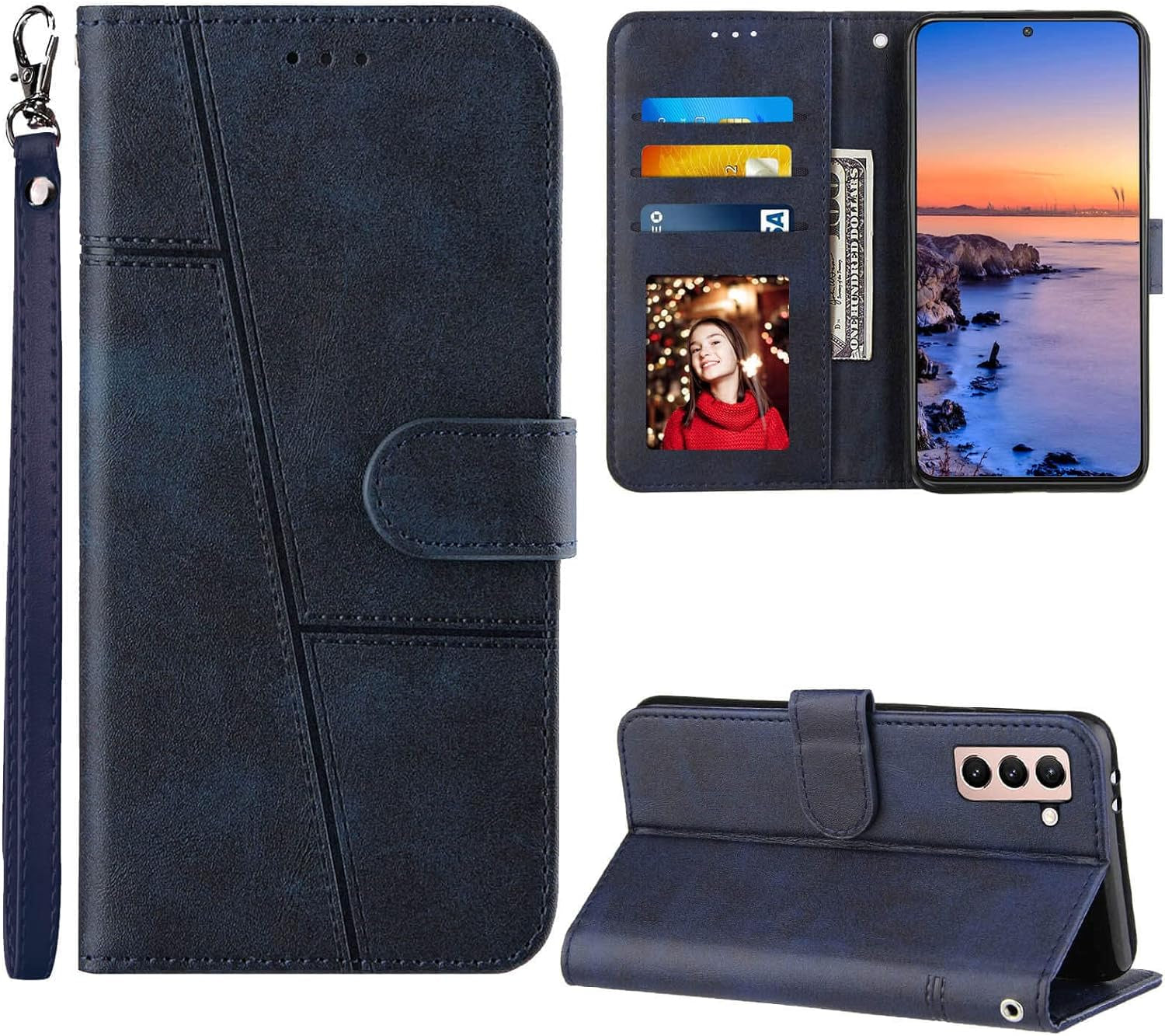 Jancalm S21 Case Wallet 2022, for Galaxy S21 Case,[Wrist Strap][Card Holder Slots][Kickstand] Premium PU Leather S21 Phone Case Flip Cover Magnetic Protective for Samsung Galaxy S21 5G (Black)  JanCalm Blue  