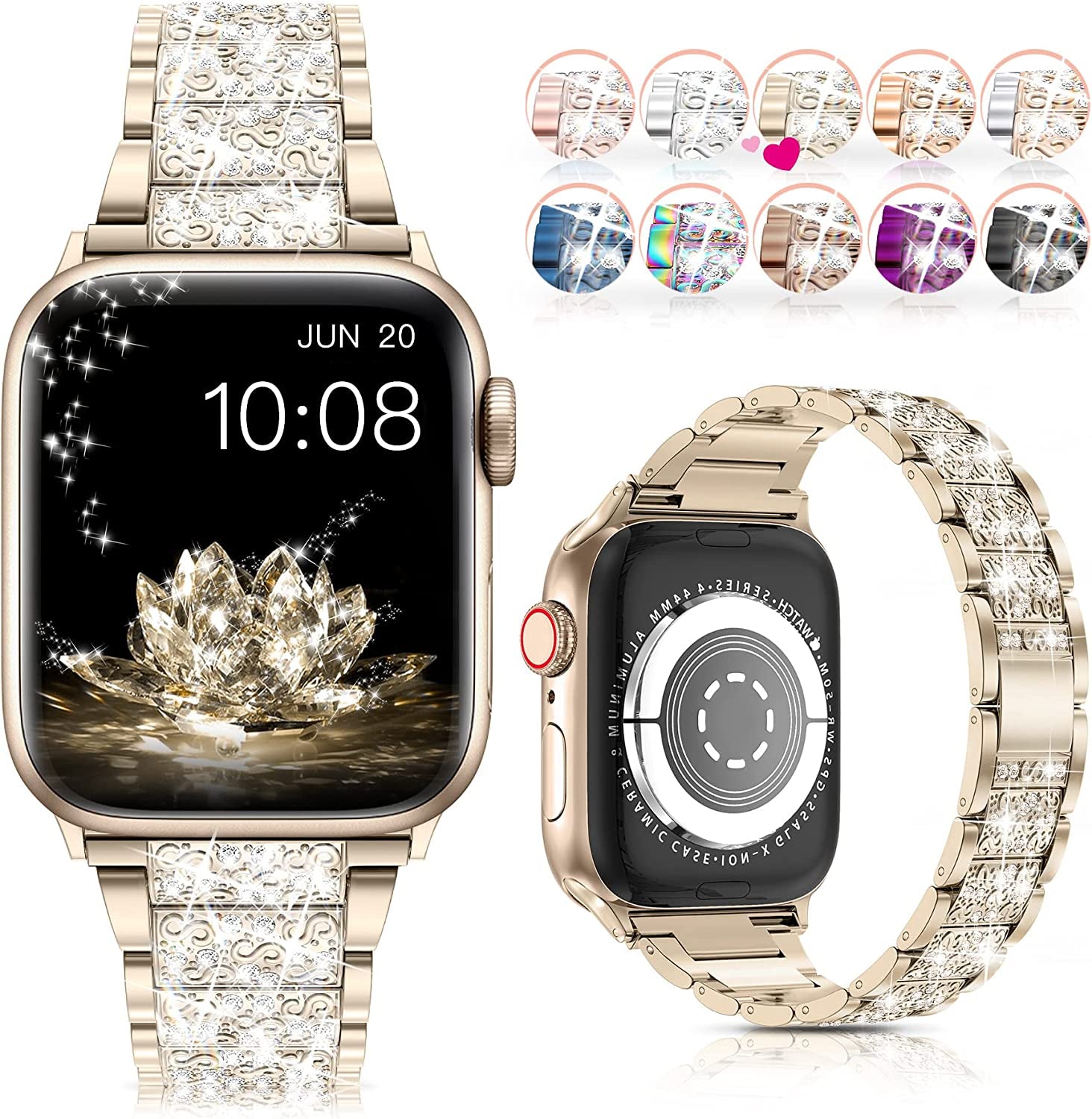 LELONG for Apple Watch Band 38Mm 40Mm 41Mm Series 8 Series 7 6 5 4 3 2 1 SE Ultra, Bling Replacement Bracelet Iwatch Band, Diamond Rhinestone Stainless Steel Metal Wristband Strap  LELONG AJ-Vintage Gold 38mm/40mm/41mm 