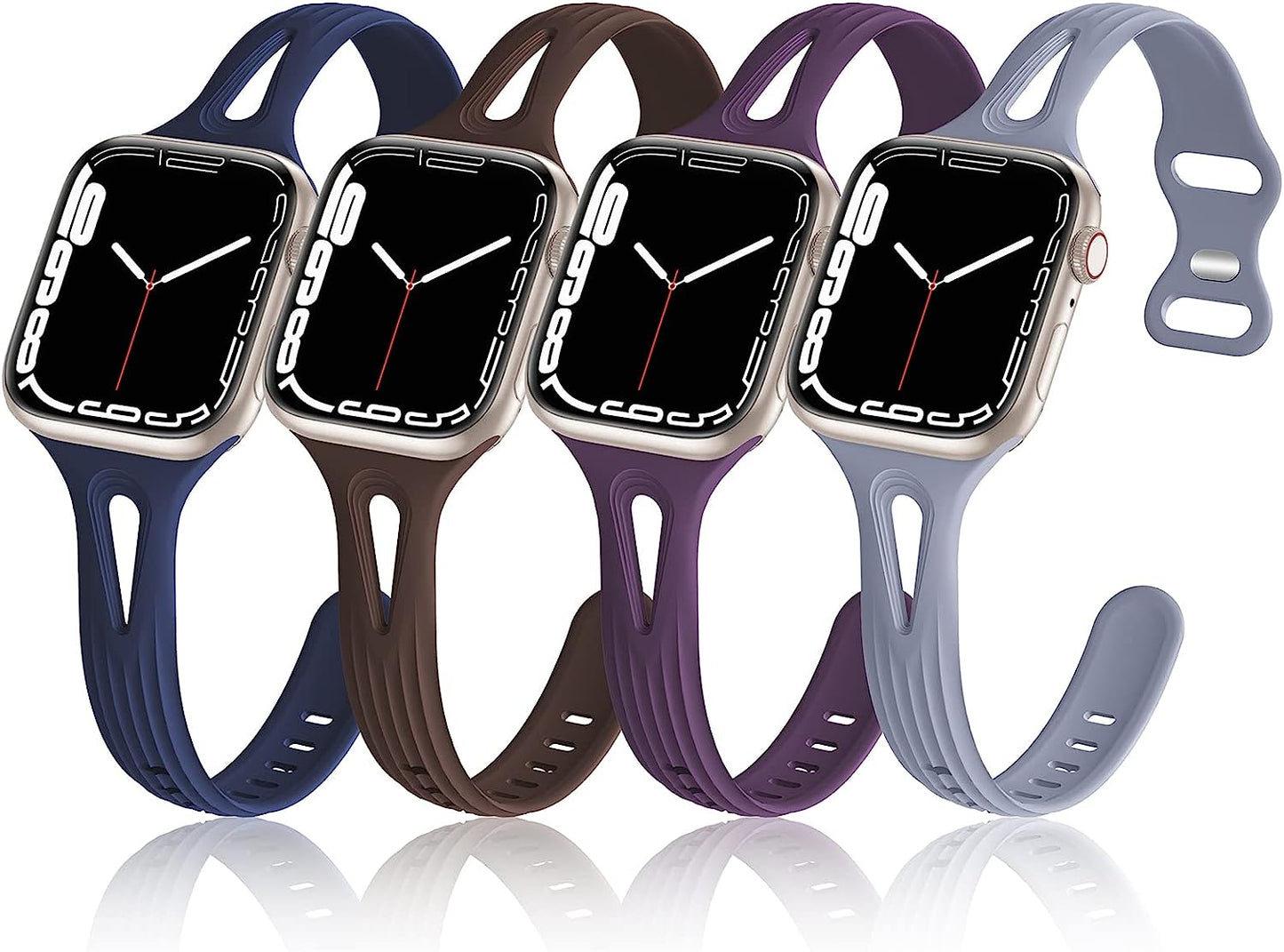 4 Pack Bands Compatible with Apple Watch Band 40Mm 38Mm 41Mm 42Mm 44Mm 45Mm for Women, Slim Thin Narrow Replacement Wristbands Soft Silicone Sport Strap for Iwatch Band Series 8 7 6 5 4 3 2 1 SE  Hehighti Auburn/Dark Purple/Lavender Grey/Dark Blue 42mm/44mm/45mm/49mm 