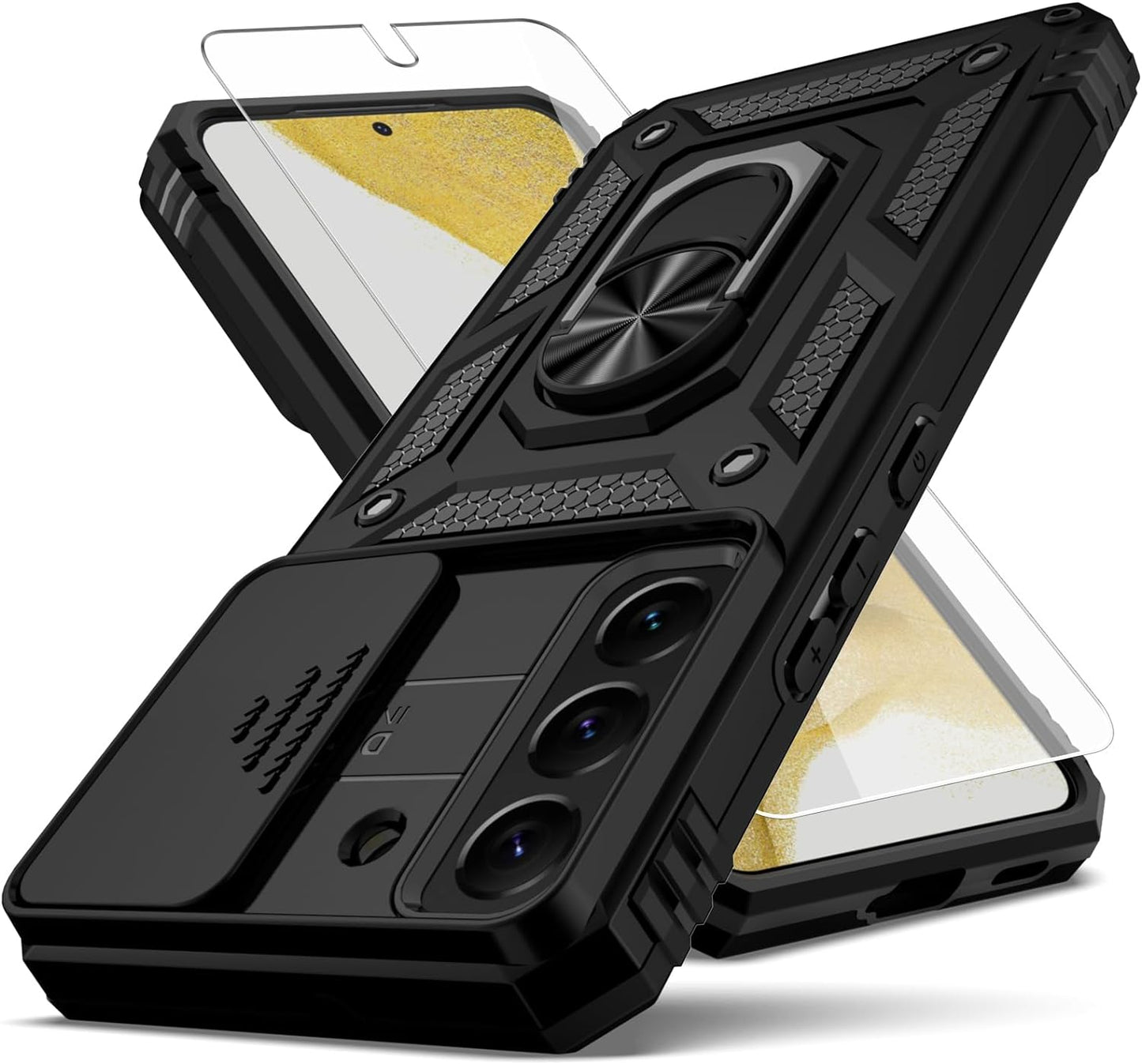 YZOK for Samsung Galaxy S22 Case,With Camera Lens Cover HD Screen Protector,[Military Grade] Ring Car Mount Kickstand Hybrid Hard PC Soft TPU Shockproof Protective Case for Galaxy S22-Green  YZOK Black  