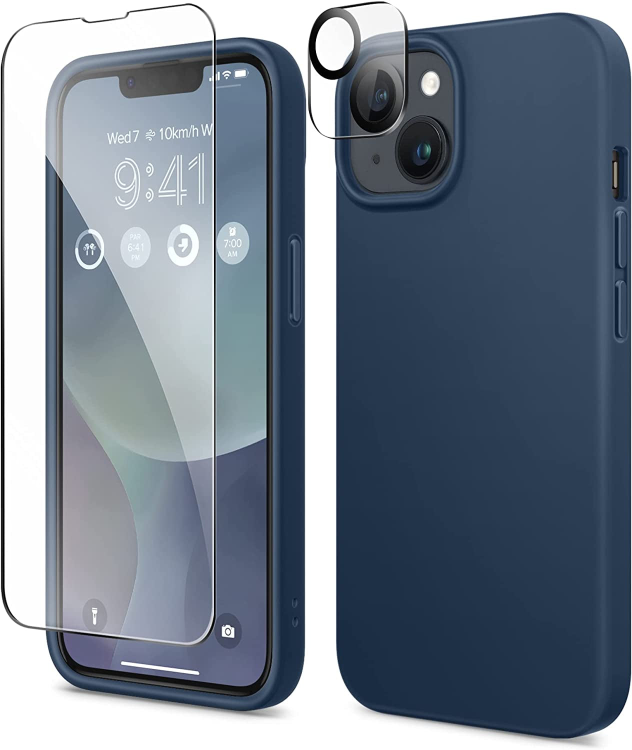 GONEZ for Iphone 14 Case Silicone, with Screen Protector + Camera Lens Protector, [Soft Anti-Scratch Microfiber Lining], Slim Liquid Silicone Shockproof Protective Phone Cover 6.1 Inch, Stone  GONEZ Dark Blue  