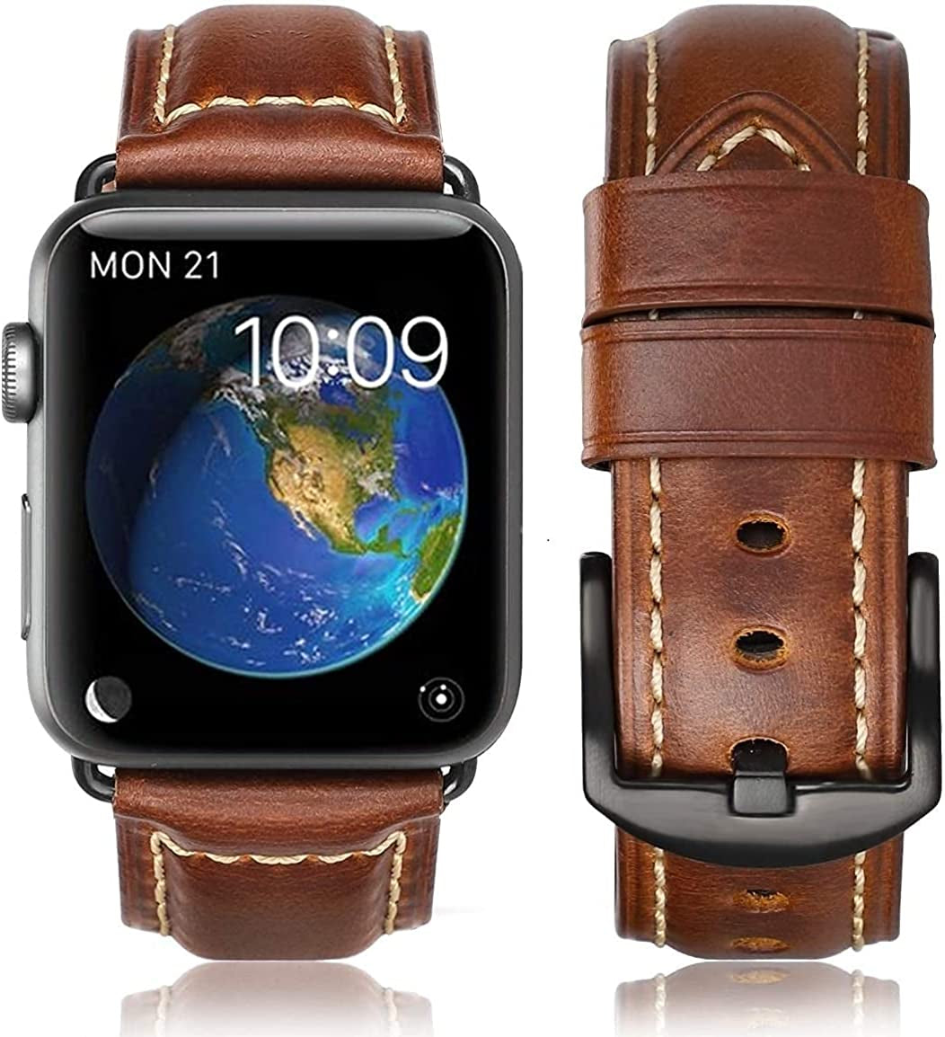 HUAFIY Compatible for Apple Watch Bands 42Mm 44Mm45Mm 49Mm 38Mm 40Mm41Mm, Genuine Leather Band Strap for Iwatch Series 8,7,6,5,4,3,2,1, Ultra Sport SE  huahuei Retro Brown 01 Black Buckle 42mm 44mm45mm49mm 