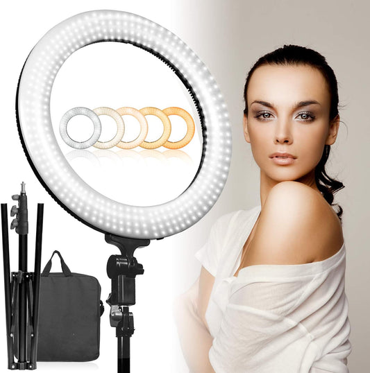 EACHPOLE 18 Inch Makeup Room Ring with Tripod Stand, LED Dual Color Continuous Lighting for Charming Eyes and Beauty Facial Shoot, Salons Beauty Shop Selfie Light Stand, APL2319  EACHPOLE   