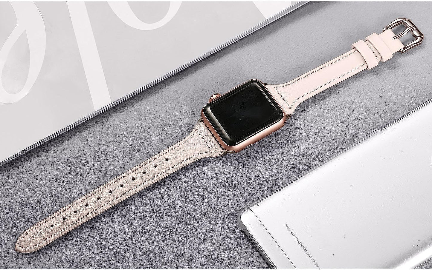 Secbolt Leather Bands Compatible Apple Watch Band 38Mm 40Mm 41Mm 42Mm 44Mm 45Mm Slim Replacement Wristband Sport Strap for Iwatch SE Series 8 7 6 5 4 3 2 1 Stainless Steel Buckle  Secbolt   
