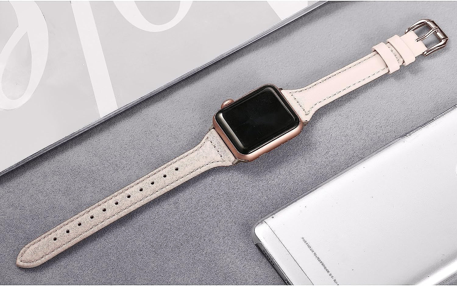 Secbolt Leather Bands Compatible Apple Watch Band 38Mm 40Mm 41Mm 42Mm 44Mm 45Mm Slim Replacement Wristband Sport Strap for Iwatch SE Series 8 7 6 5 4 3 2 1 Stainless Steel Buckle  Secbolt   