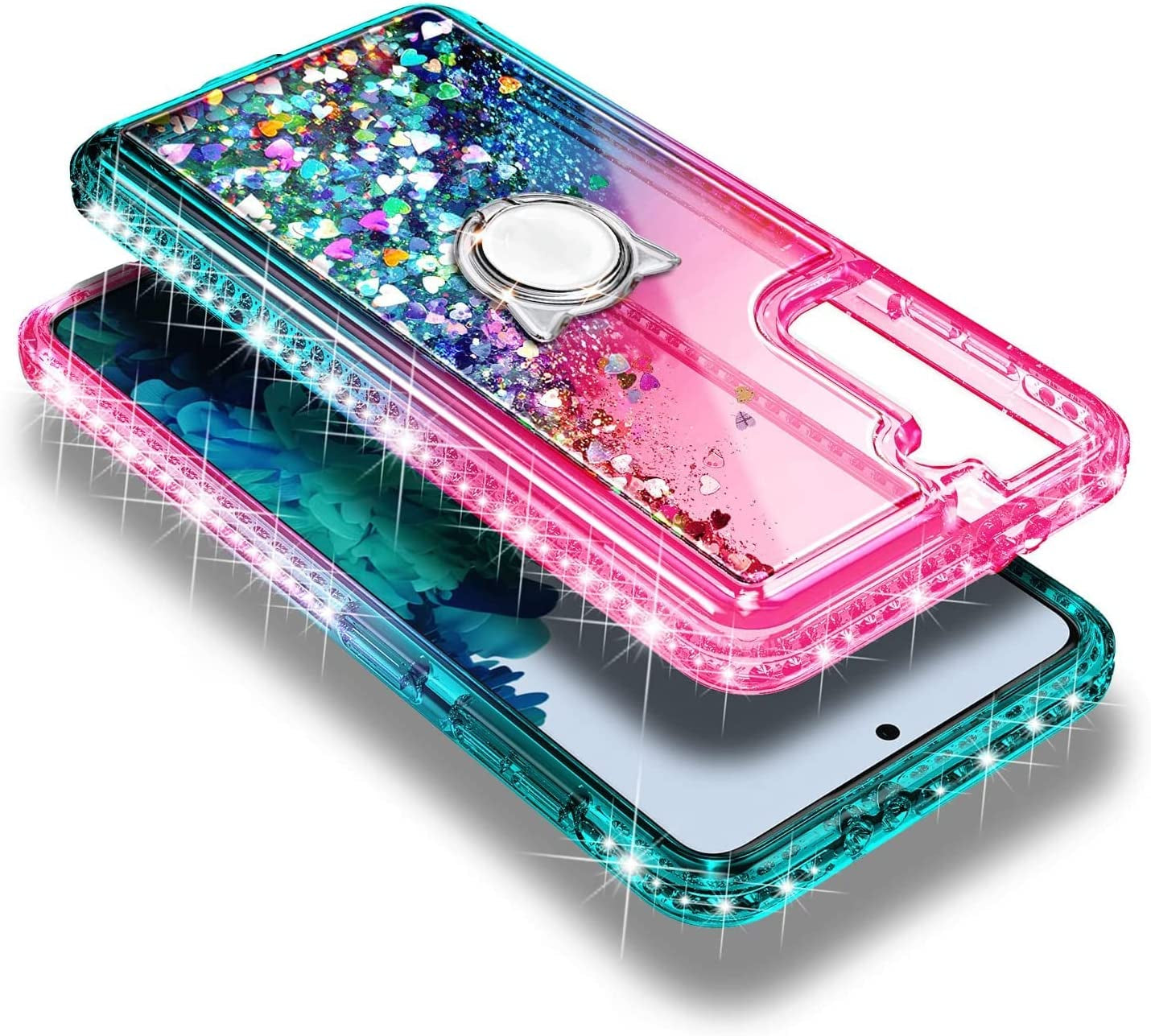 NGB Case for Samsung Galaxy S21 plus with Screen Protector (Maximum Coverage, Flexible TPU Film), Ring Holder, Girls Women Liquid Bling Sparkle Fashion Glitter Clear Cute Case (Pink/Aqua)  NGB   