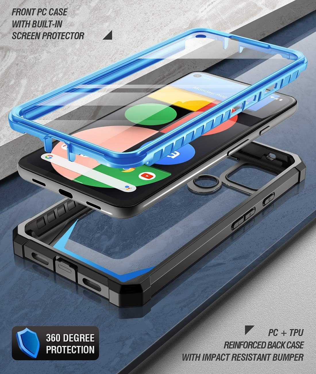 Poetic Guardian Series Designed for Google Pixel 4A 5G Case 6.2 Inch (2020), Full-Body Hybrid Shockproof Bumper Cover with Built-In-Screen Protector, Blue/Clear  Poetic   