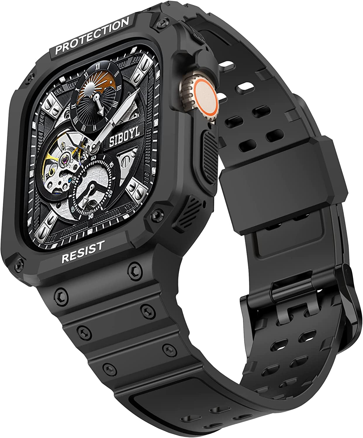 3 in 1 Rugged Band and Bumper Case with Screen Protector for Apple Watch Ultra Band 49Mm, Tempered Glass Film, Shockproof Protective Band for Men, Metal Clasp Sport Armor Band for Iwatch Ultra-Black  BuPa Black-Double Tongue Buckle 49mm 