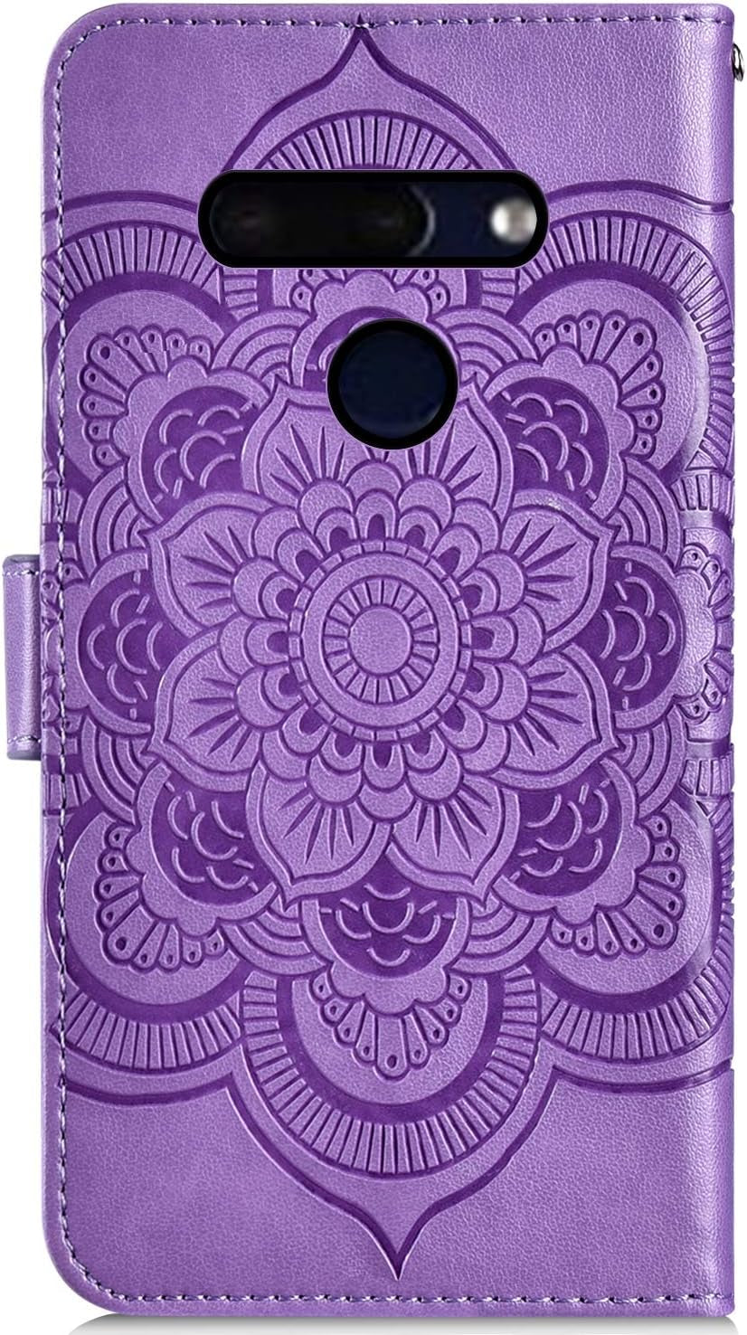 IKASEFU Compatible with LG G8 Thinq Case Shiny Sun Mandala Floral Rhinestone Pu Leather Diamond Bling Wallet Strap Case with Card Holder Shockproof Magnetic Flip Bumper Cover,Purple  IKASEFU   