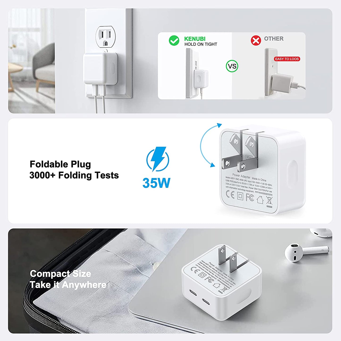 【2023 New】 35W Dual USB-C Port Compact Power Adapter [Mfi Certified] PD 3.0 Gan Foldable USB Type C Plug Fast Wall Charger Block for Iphone 13 12 11 14 Pro Max plus Mini, Ipad, Airpods, Macbook Air  Shenzhen Hua Nan Tong Electronic Technology Co.,Ltd.   