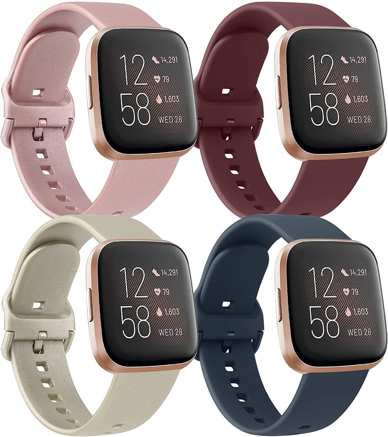 4 Pack Bands for Fitbit Versa 2 / Fitbit Versa/Versa Lite/Versa SE for Women Men, Soft Silicone Replacement Wristband for Fitbit Versa 2 Bands  Amzpas Rose Gold/Gold/Wine/Navy Blue  