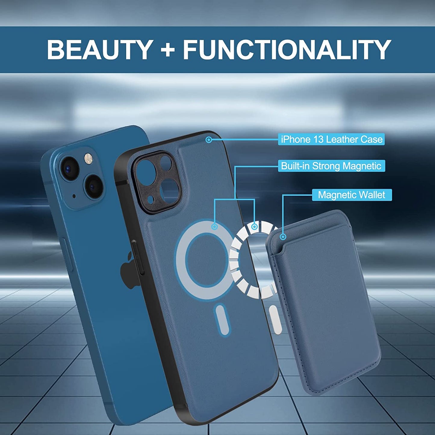 DK177 [2 in 1] Magnetic Leather Case for Iphone 13 + Card Holder Wallet, Magnetic PU Leather Card Holder Shockproof Protective Cover Compatible with Magsafe 6.1 Inch, Blue  DK177   