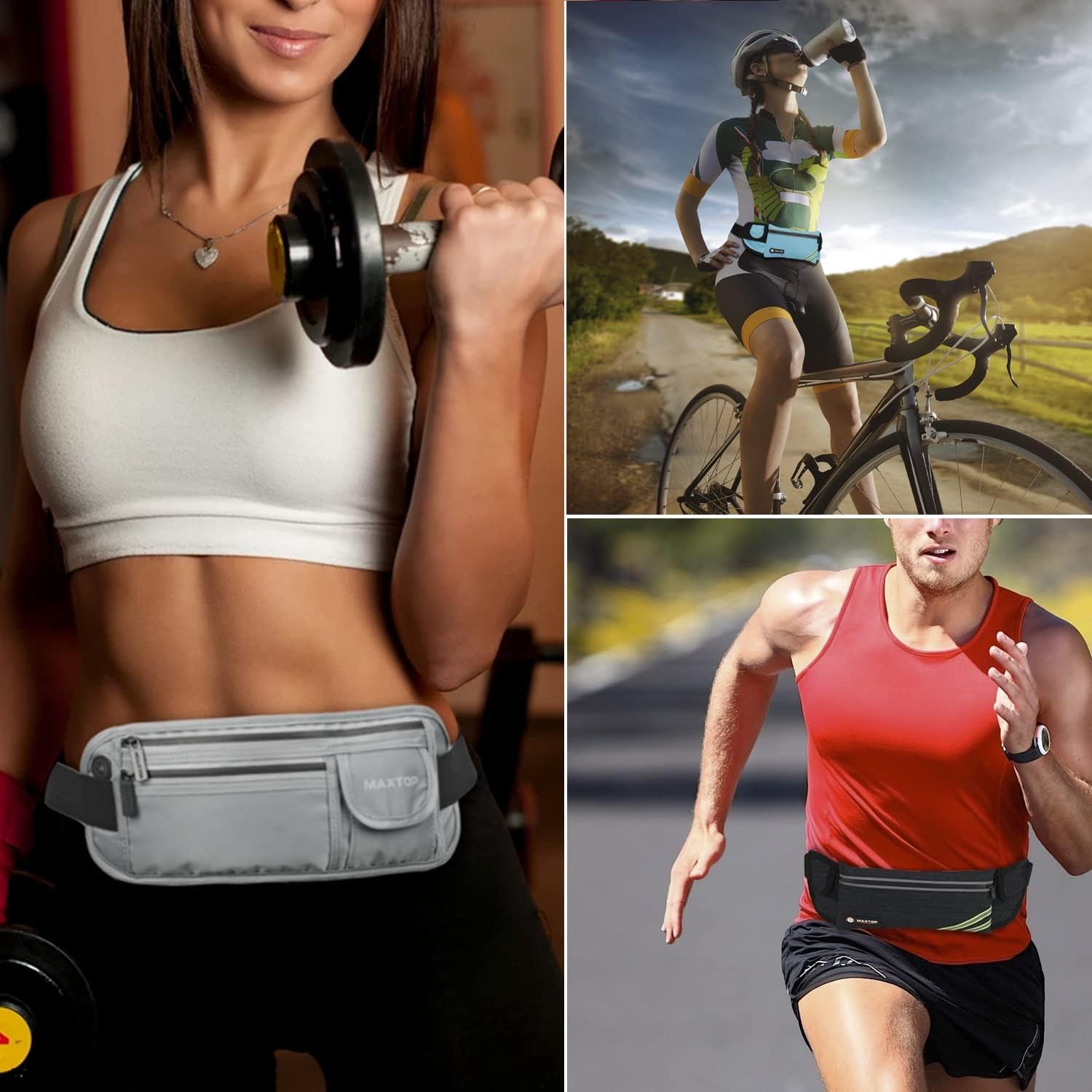 【2 Packs Family Share Bundle】Fanny Packs for Women Men Running Belt Waist Pack Bag for Workout Gym Exercise Walking Hiking Belt Bag Waist Pouch Fits Iphone Cell Phone Holder for Travel Money Belt  MAXTOP   