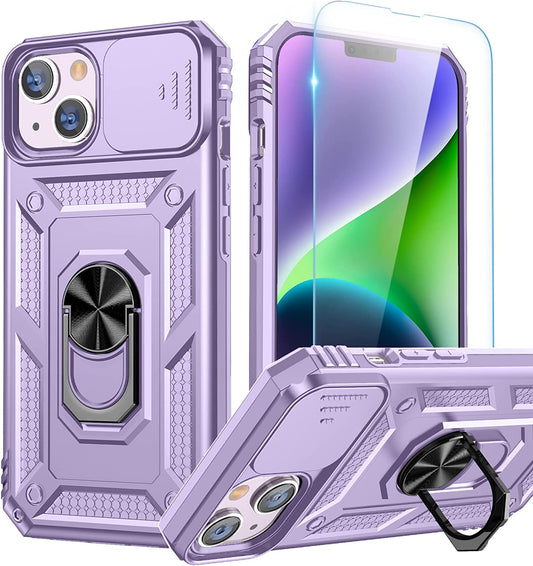 Goton for Iphone 14 plus Case with Screen Protector - Slide Camera Cover Phone Case with Ring Stand, Heavy Duty Military Grade Shockproof Rugged Bumper for Iphone 14 plus Accessories Purple  Yin-Goton   