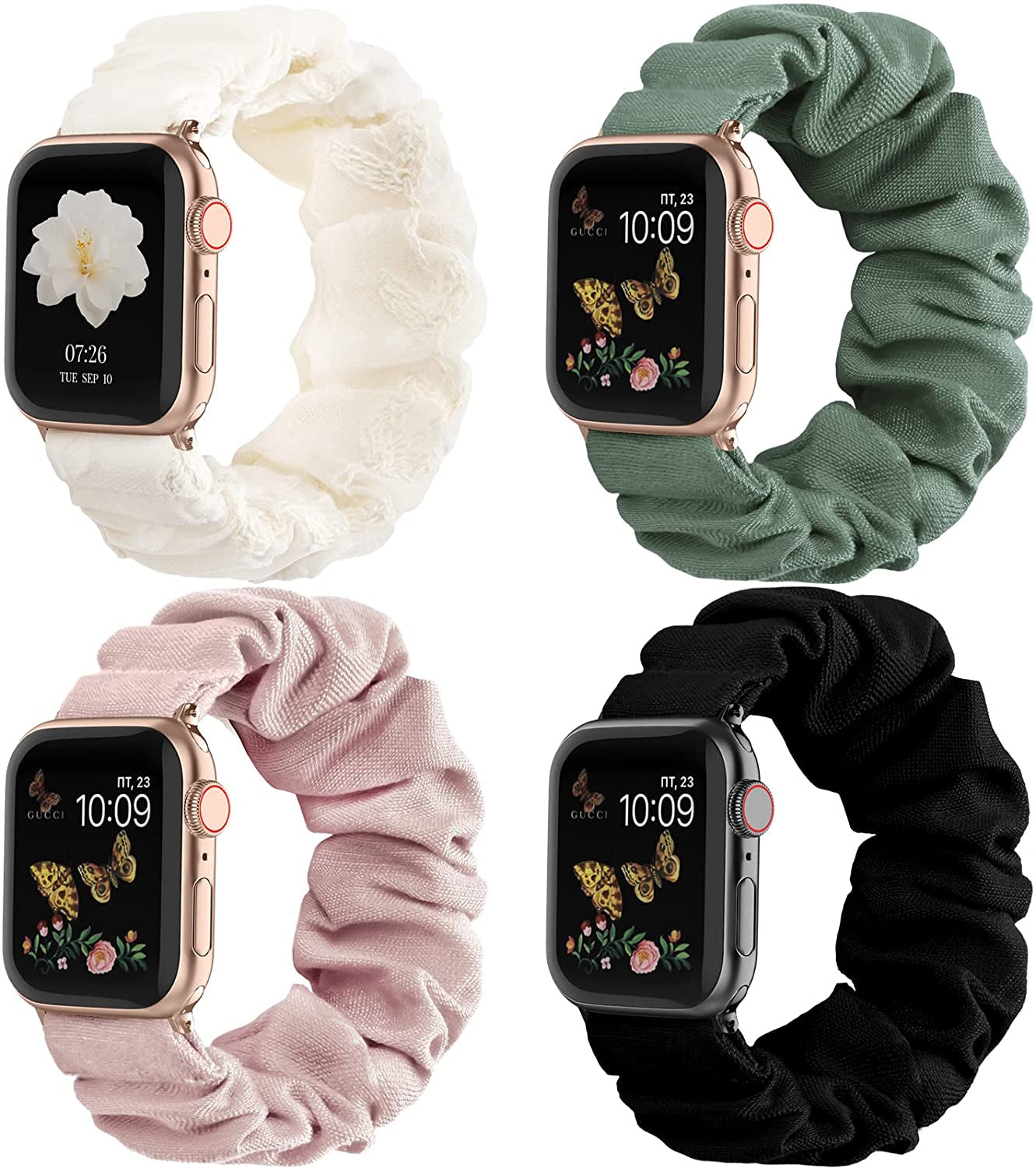 Recoppa Compatible for Apple Watch Band Scrunchie 38Mm 40Mm 41Mm 42Mm 44Mm 45Mm Cute Printed Elastic Solo Loop Bands Women Bracelet Strap for Iwatch Series 8 7 6 5 4 3 2 1 SE, 4 Packs  Recoppa   