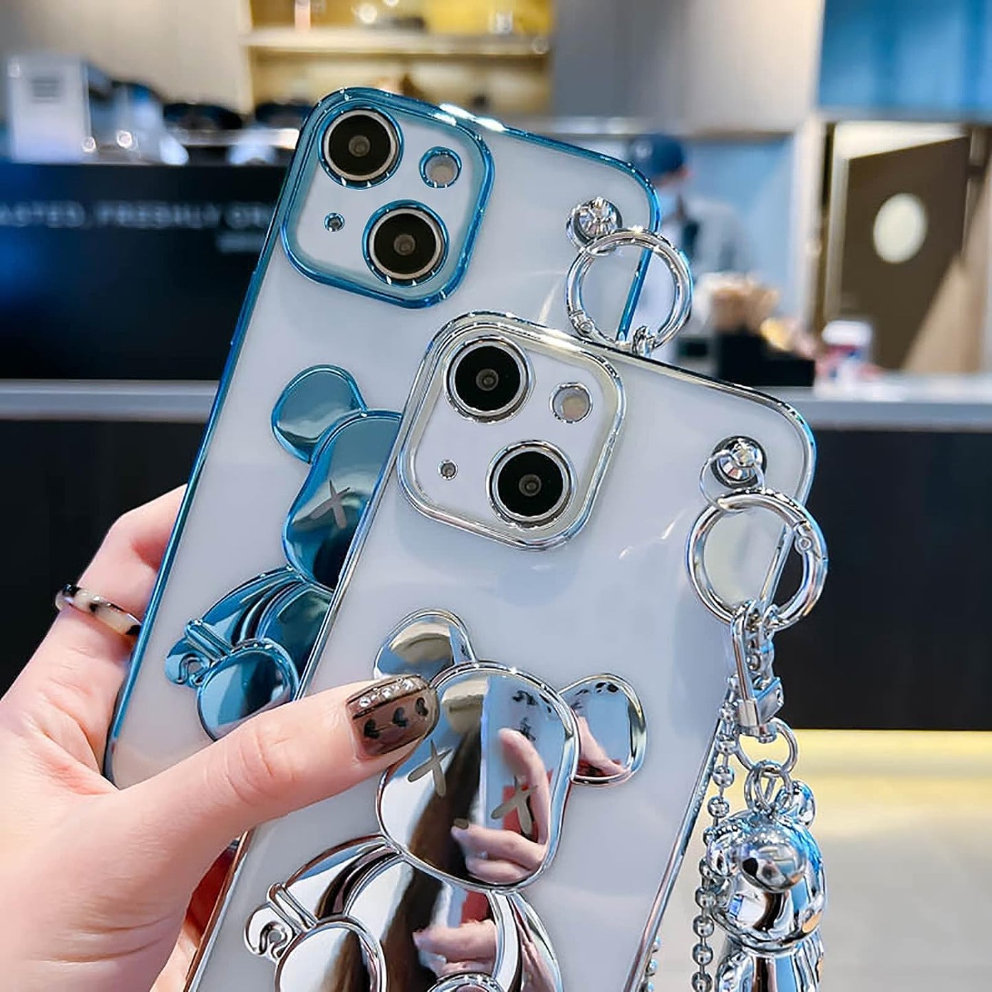 Aartvark Tees Cute Case for Iphone 13, Cartoon Silver Teddy Bear Sparkle Bling Cover with Metal Chain Strap Bell Pendant, Fashion Soft TPU Shockproof, Phone Case Suitable for Women & Girls  aartvark tees   