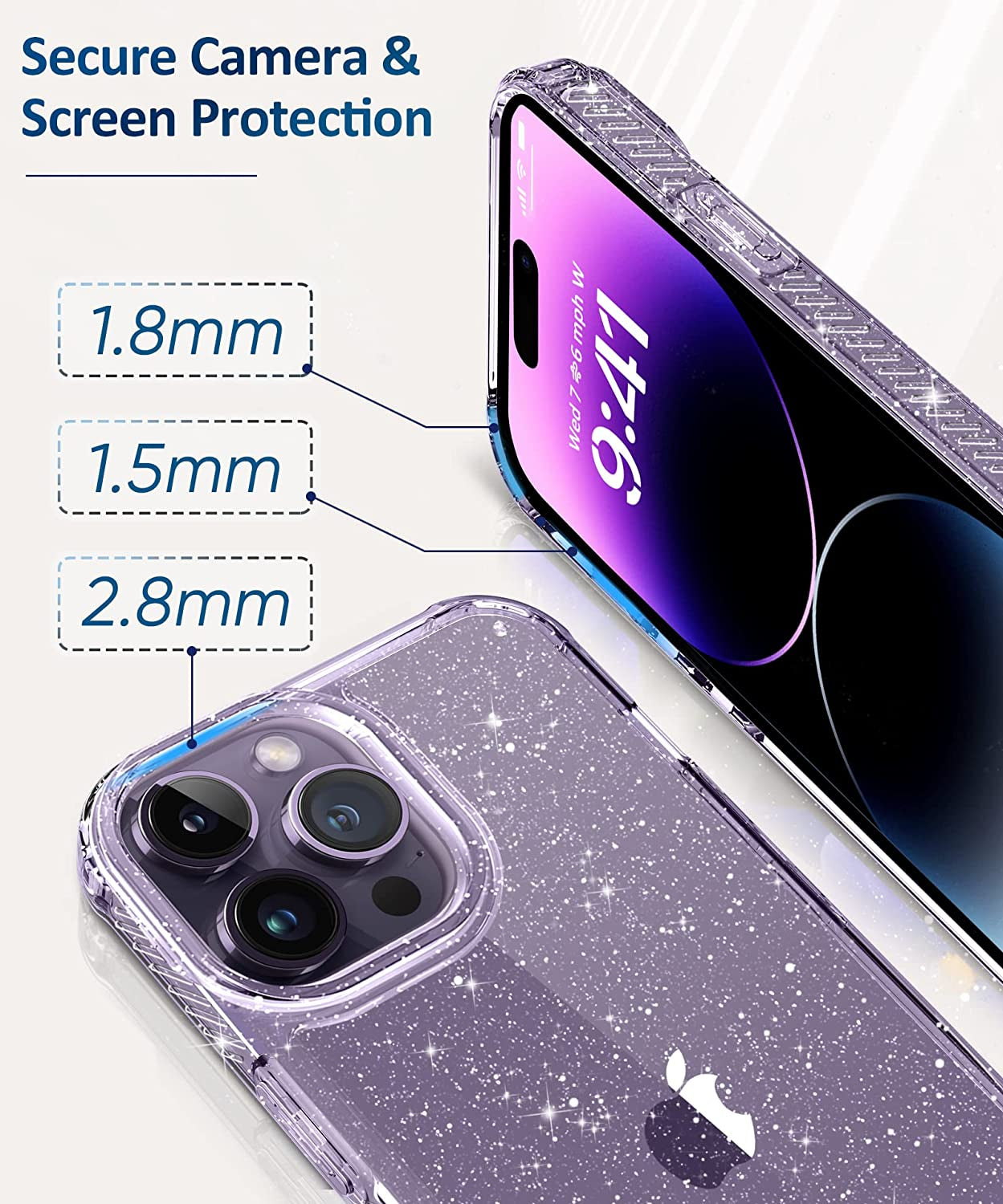 MIODIK Clear Glitter Case for Iphone 14 Pro, [Military-Grade Protective] with Screen Protector + Camera Protector, [Non-Yellowing] Slim Shockproof Women Cute Bumper Cover 6.1" 2022 (Sparkle Clear)  MIODIK   