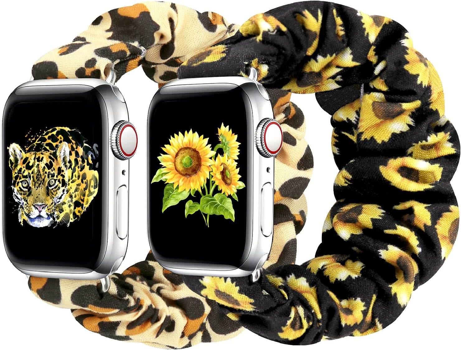 Greatfine Compatible for Apple Watch Band Scrunchie 38Mm 40Mm 41Mm 42Mm 44Mm 45Mm,Soft Elastic Scrunchie Watch Bands,With Iwatch Series 8 7 6 SE 5 4 3 2 1 Ultra,Replacement Wristband for Women(S/M)  HSELE 2PC-Leopard + Sunflower 42mm/44mm/45mm-S/M 
