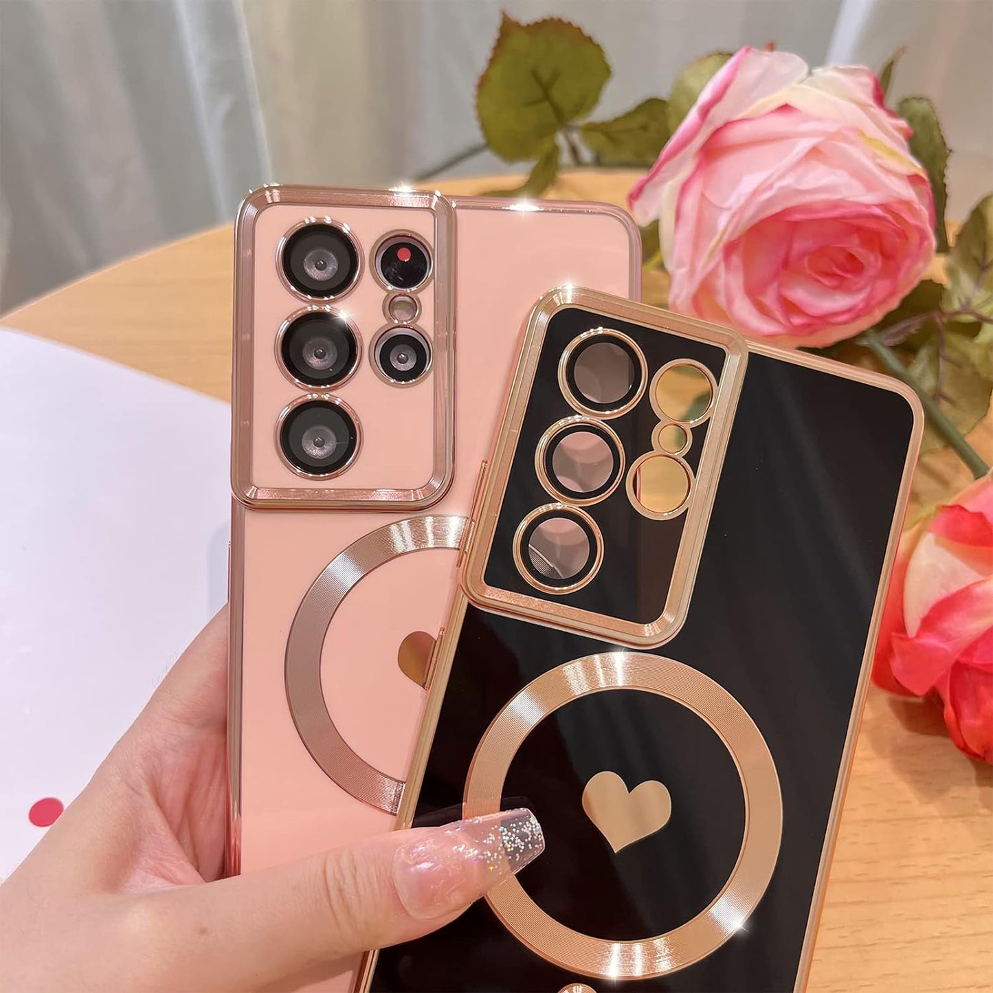 Bonoma Magnetic Case for Samsung Galaxy S21 Ultra Compatible with Magsafe, Cute Love Heart Luxury Plating Back Cover with Edge Elegant Aesthetic Hearts Pattern Silicone Phone Case-Pink  Bonoma   