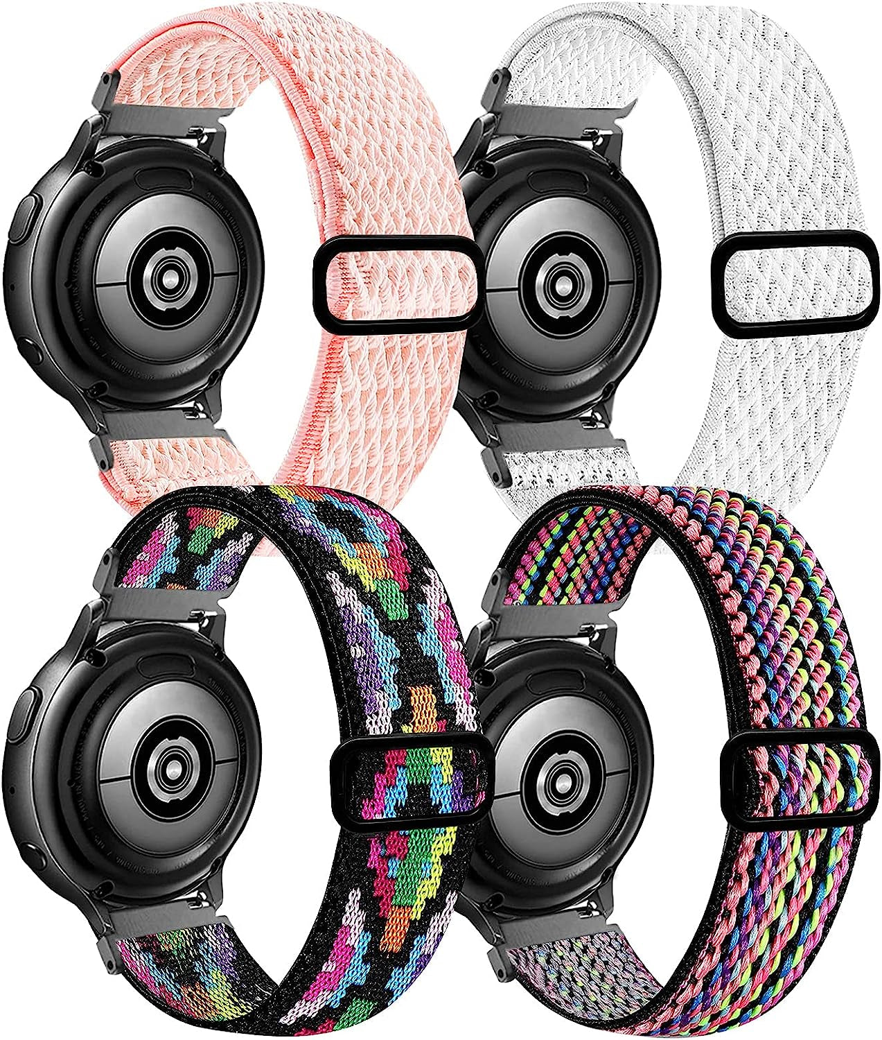 20Mm Stretchy Band Compatible with Samsung Galaxy Watch 5/4 40Mm 44Mm/Watch 5 Pro 45Mm/Watch 4 Classic 42Mm 46Mm/Watch 3 41Mm/Galaxy Watch 42Mm/Active 40Mm/Active 2 40 44Mm, Nylon Strap for Men Women  POHNUI Colorful Rhombus+Colorful+White+Pink  