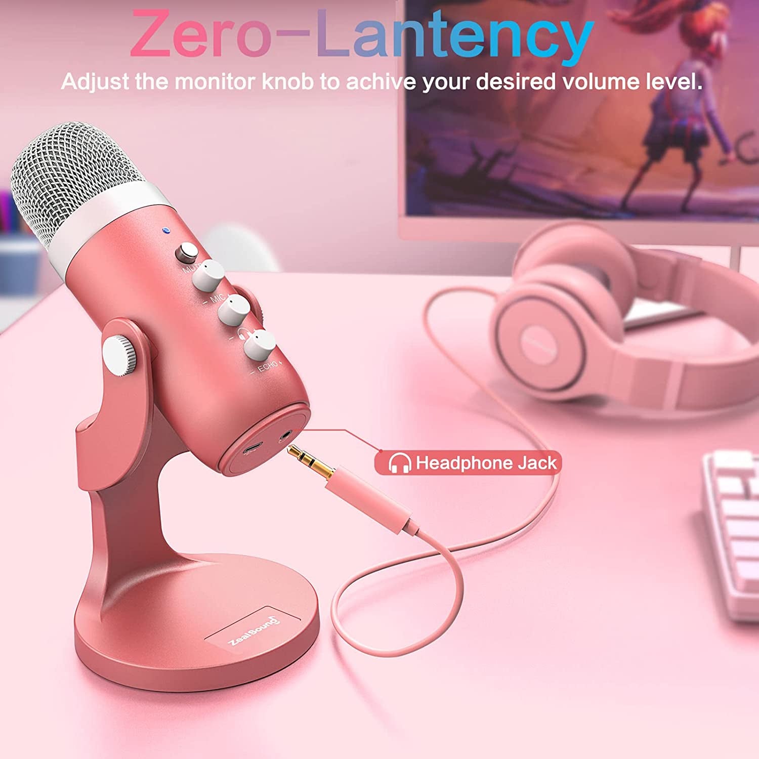 Zealsound Gaming USB Microphone,Pink Microphone with Quick Mute for Phone Computer PC Ps5,Studio Mic with Gain Control,Echo&Monitor Volume Adjust for Streaming Vocal Recording ASMR Podcast Video K66  ZealSound   