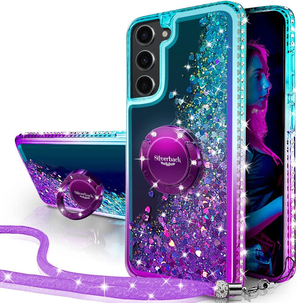 Silverback for Samsung Galaxy S22 plus Case, Moving Liquid Holographic Sparkle Glitter Case with Kickstand, Girls Women Bling Diamond Ring Slim Protective Case for Galaxy S22 plus - Purple  Silverback inc   