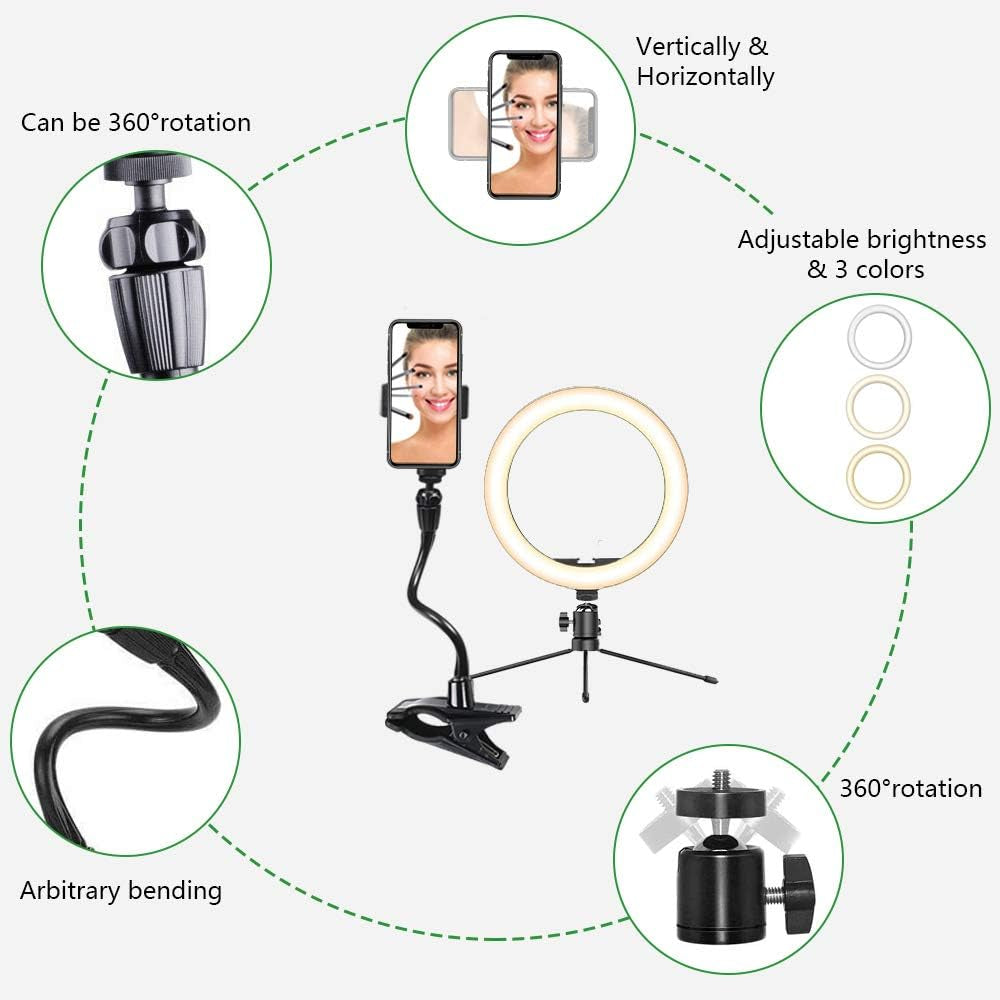 Smatree 10" LED Selfie Ring Light with Flex Clamp Mount & Tripod Stand & Phone Holder, Dimmable Desktop Ring Light with 3 Light Modes for Live Streaming/Makeup/Photography/Tiktok/Youtube Videos/Vlog  Smatree   