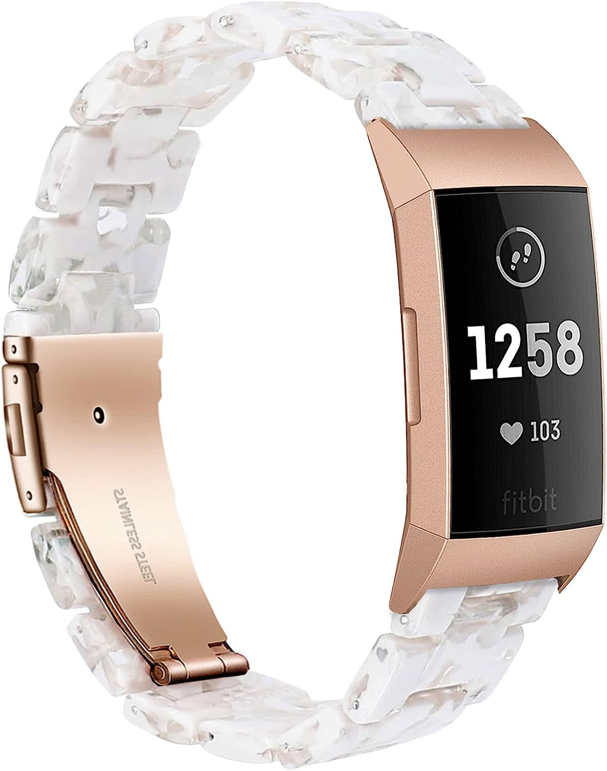 Wongeto Resin Bands Compatible for Fitbit Charge 3 / Charge 4/ Charge 3 SE Band，Replacement Wrist Accessory Rose Gold Buckle Fitness Bands Straps Bracelet Wristbands Women Men (Pink)  Wongeto White Flower  