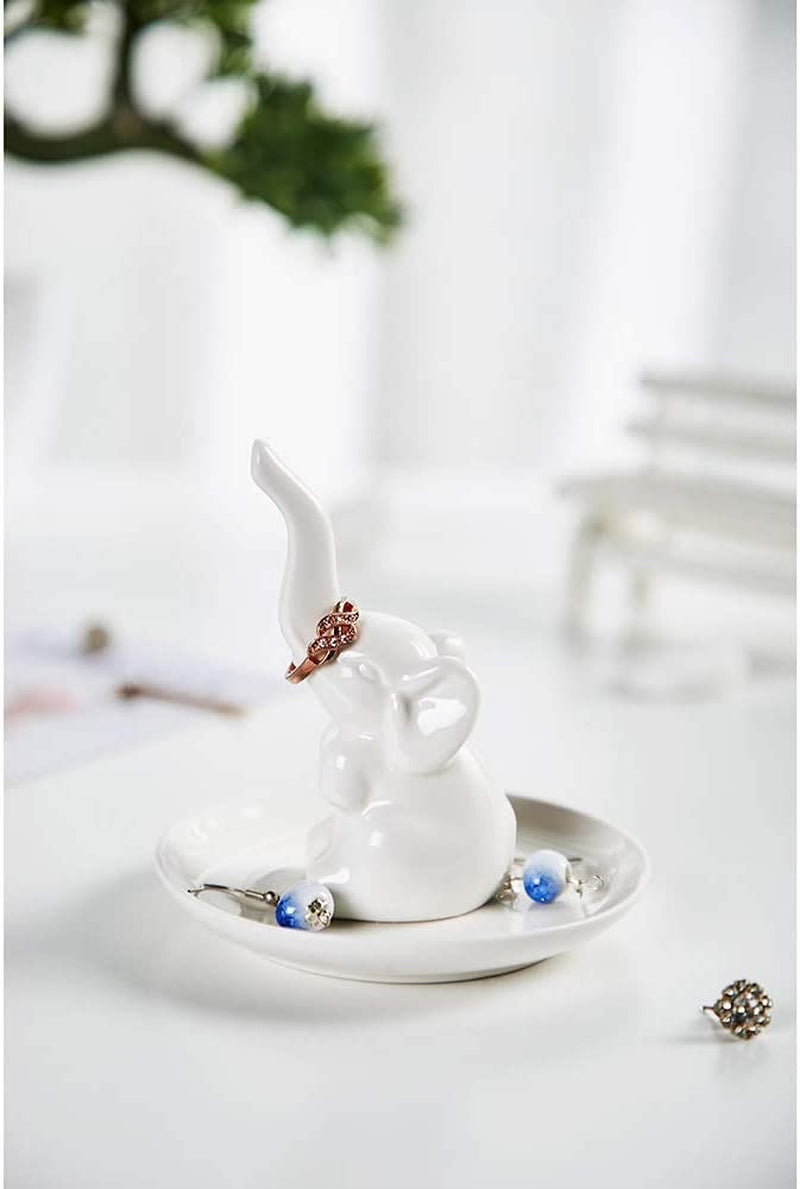 HOME SMILE Elephant Ring Dish Holder for Jewelry,Elephant Gifts for Women Chritsmas,Engagement Wedding Trinket Trays,Ceramic White  QY   