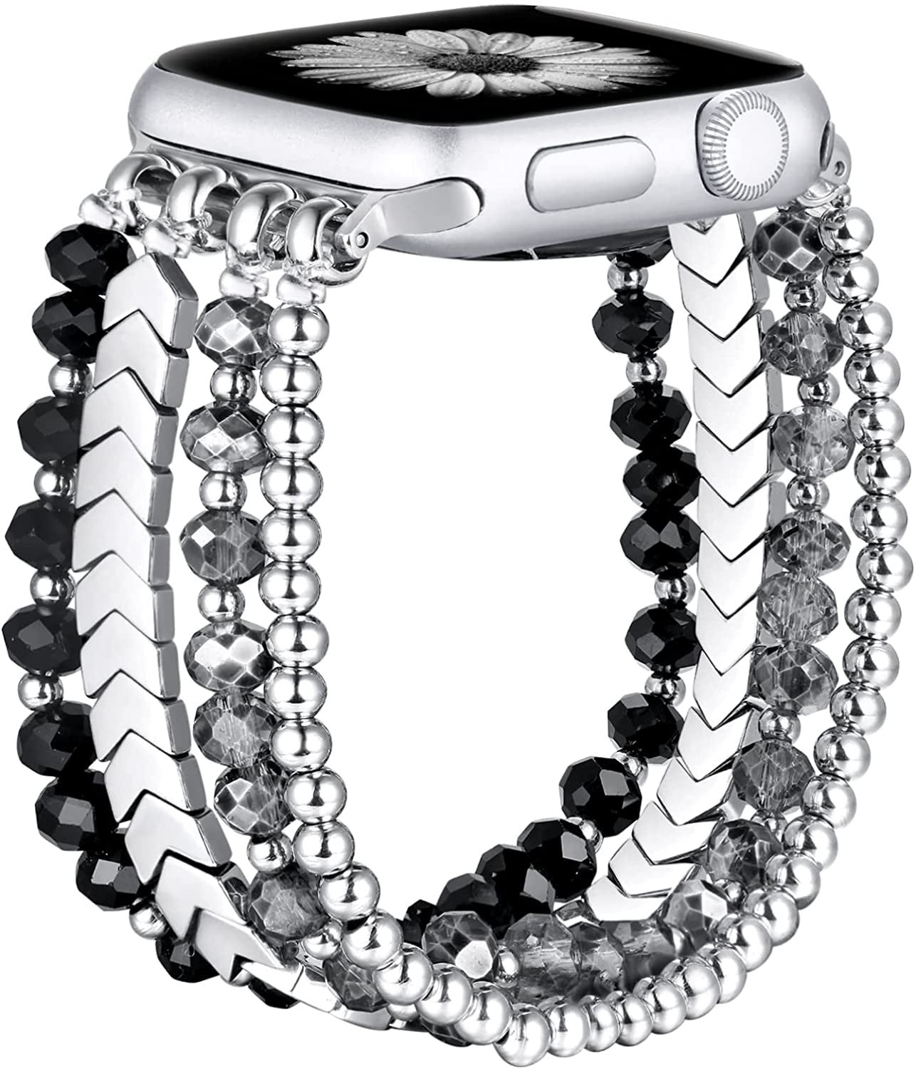 Fastgo Bracelet Band Beaded Compatible with Apple Watch 38Mm 40Mm 41Mm 42Mm 44Mm 45Mm 49Mm Women, Fashion Elastic Stretch Strap Bands for Iwatch SE &Series Ultra 8 7 6 5 4 3 2 1(Black/Sliver/Grey,S/M)  fastgo   