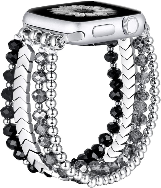 Fastgo Bracelet Band Beaded Compatible with Apple Watch 38Mm 40Mm 41Mm 42Mm 44Mm 45Mm 49Mm Women, Fashion Elastic Stretch Strap Bands for Iwatch SE &Series Ultra 8 7 6 5 4 3 2 1(Black/Sliver/Grey,S/M)  fastgo   