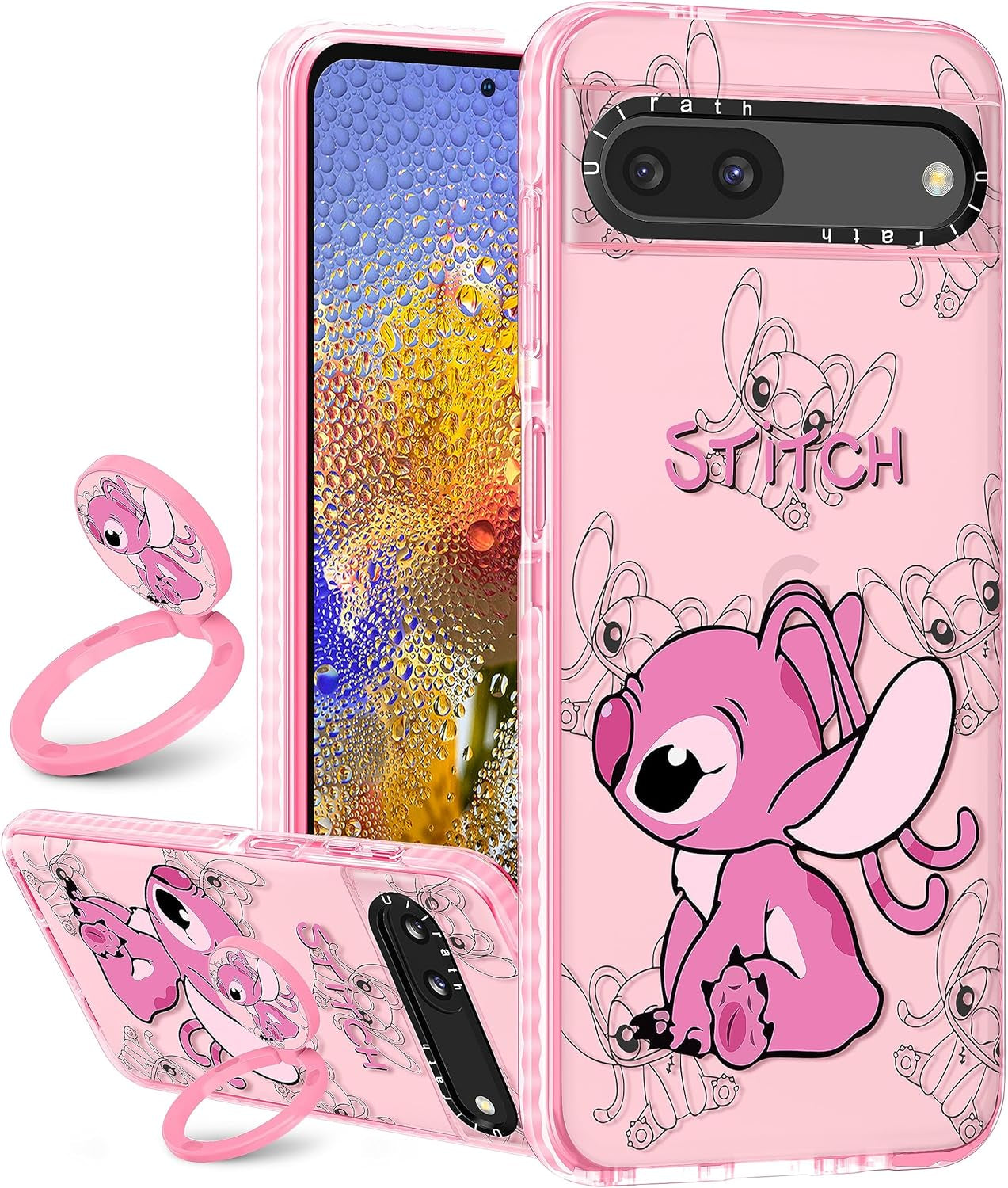 Ulirath (2In 1 for Pixel 6A Case Cute Cartoon Character Design for Girls Kids Boys Teens Women Girly Cover Kawaii Cool TPU Cases with Ring Holder for Google Pixel 6A 6.1",Blue Kiss  Ulirath Pink Kiss Stih  