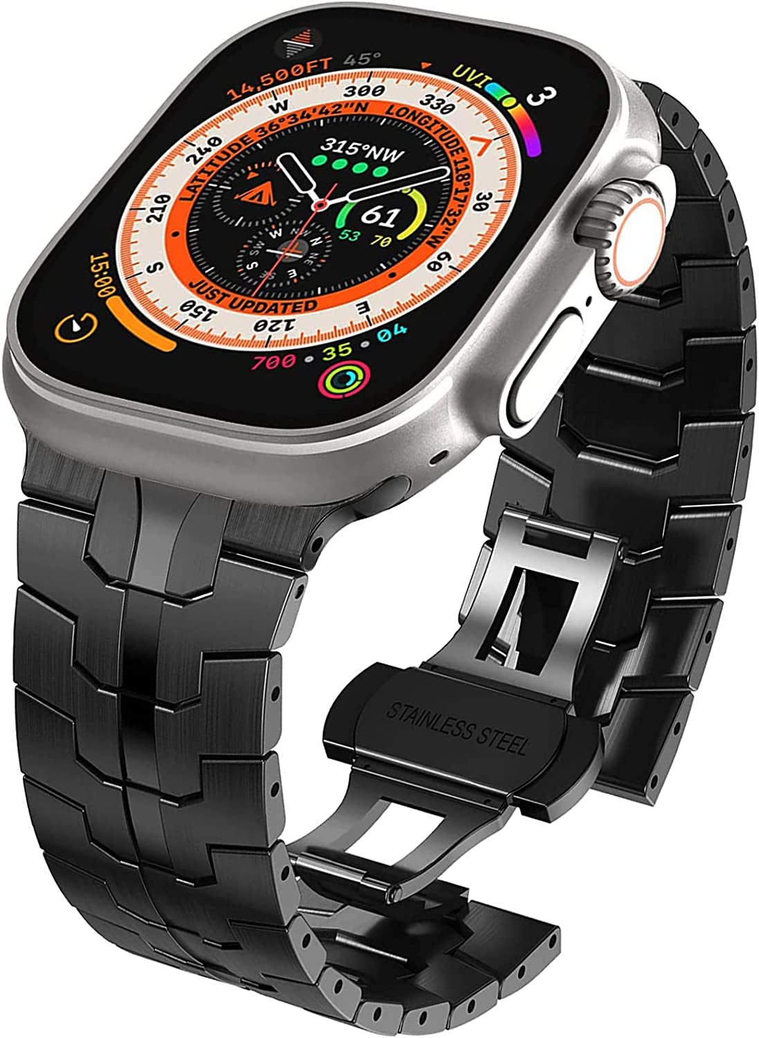 WINGLE Compatible for Apple Watch Ultra Band 49Mm 44Mm 45Mm 42Mm Series 8 7 Men, Stainless Steel Band Metal Strap Wristband for Apple Watch Iwatch Ultra SE 6 5 4 3 2 1 Link Women, Titanium  WINGLE Iron-Black Ultra 49mm/45mm/44mm/42mm 