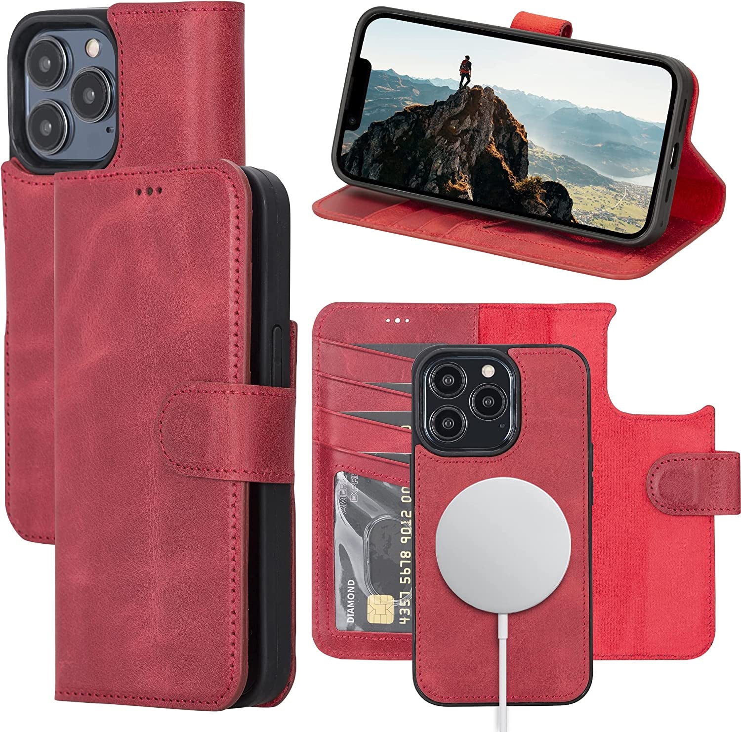 OXA Leather 2-In-1 Wallet Case Compatible with Iphone 14 Pro Max | Magnetic Detachable | Shockproof | RFID Blocking | Flip Case with Kickstand | Compatible with Magsafe | - Purple  OXA Red iPhone 14 Pro 